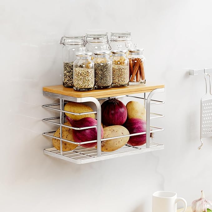 Trash Bag Holder with Bamboo Top, Wall Mount 304 Stainless Steel Garbage Bag