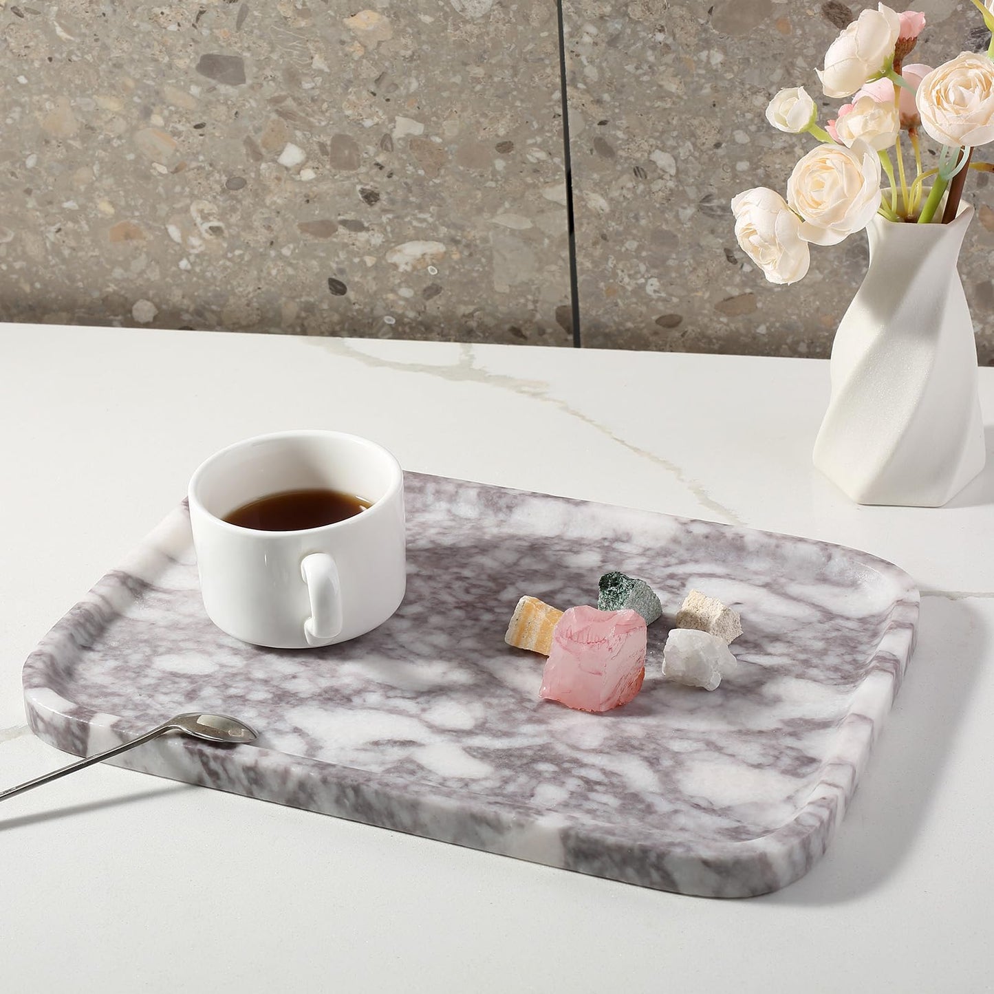 Karibiber Luxury Marble Vanity Tray, Bathroom Tray Countertop, Calacatta Marble/Stone, Home Decorative Dresser Organizer, Storage for Kitchen Sink, Perfume Jewelry Holder(Purple&White)