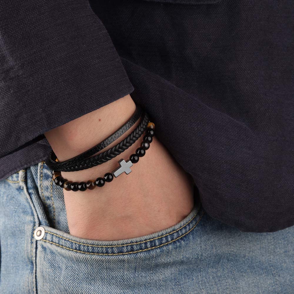 LIVLOKO Mens Bracelet Leather Black Multi-Layer Tiger-Eye Beaded Bracelet for Men Magnetic Clasp Rope Wristband Mens Gift for Boyfriend
