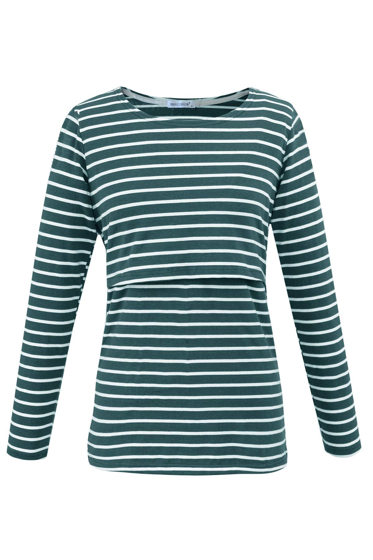 Smallshow Women's Long Sleeve Breastfeeding Top Maternity Nursing T-Shirt Pregnancy Clothes Deep Green Stripe M