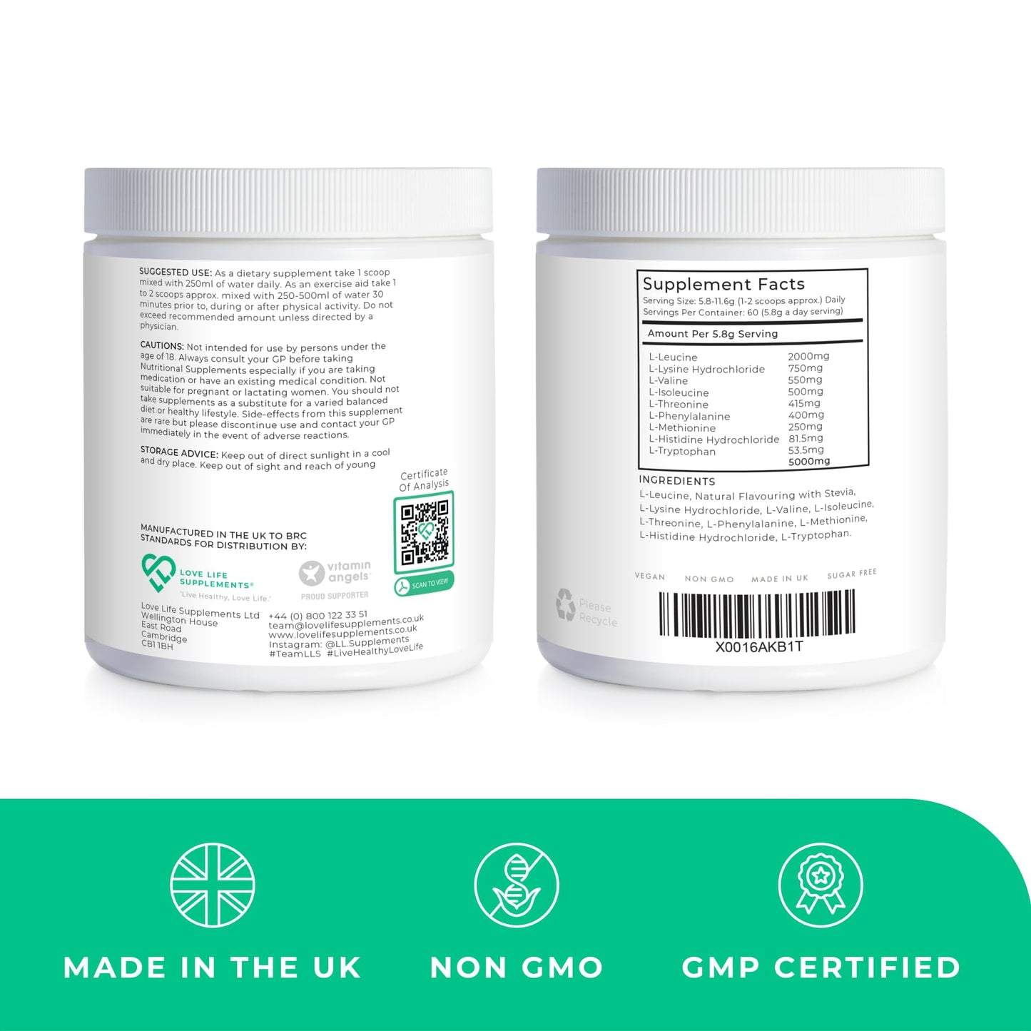 EAA Amino Acids Powder, All 9 Essential Amino Acids Including BCAA's and 2 Grams of Leucine per Serving, Apple & Kiwi Flavour, 348g - 60 Servings (5g of EAA's per Serving) - Love Life Supplements