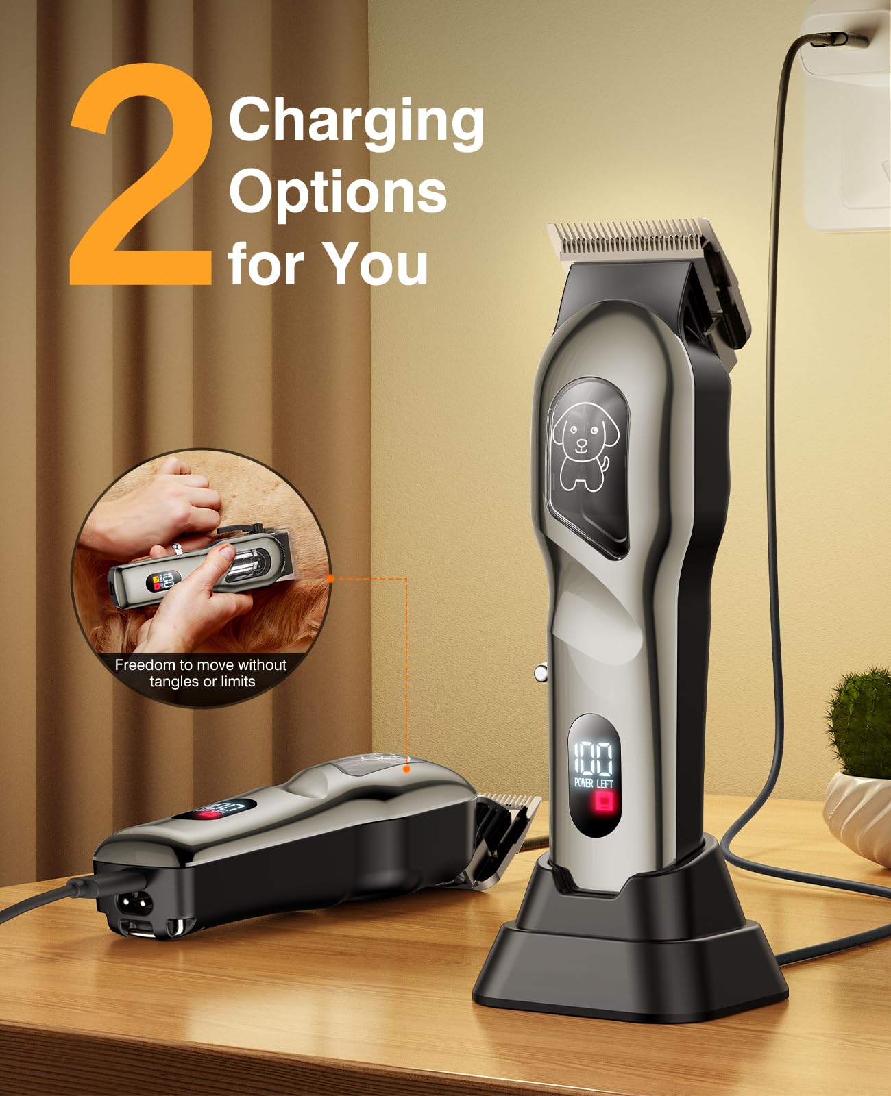 Dog Clippers for Grooming, Dog Grooming Kit for Heavy Thick Hair, Low Noise Cordless Pet Hair Trimmer with Stainless Steel Blade, Professional Rechargeable Hair Trimmer for Dogs and Cats Gunmetal