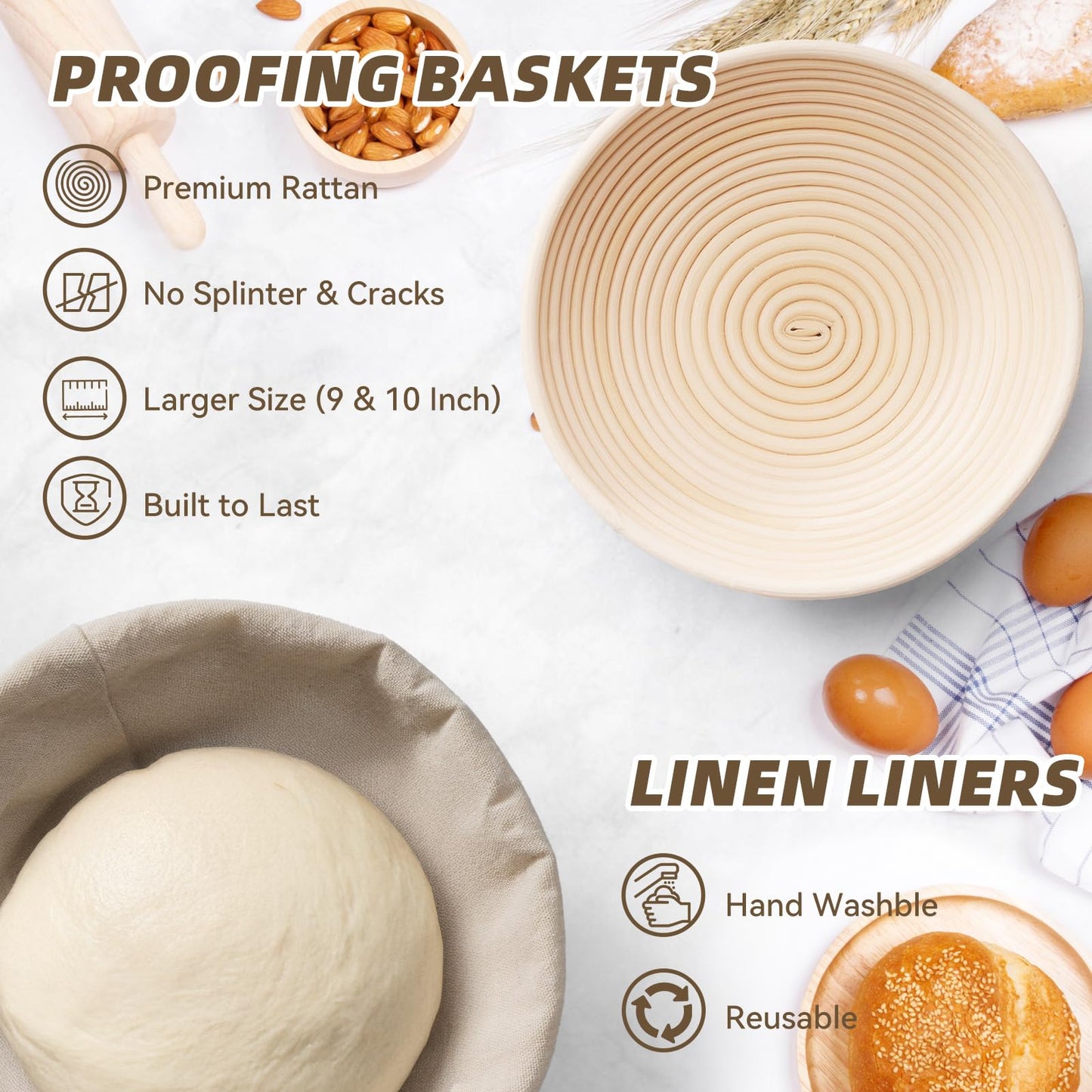 Bread Proofing Basket, Kikcoin Banneton Bread Proofing Basket Set of 2, 9 Inch & 10 Inch Round Sourdough Proofing Basket with Linen Liner, Bread Lame, Dough Whisk