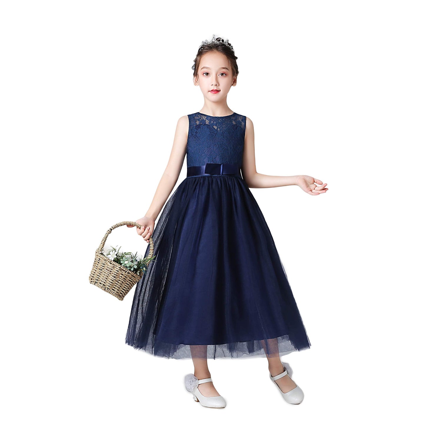 Weileenice Navy Blue Flower Girl Dress 12-13 Big Girls Lace Bridesmaid Evening Gown Elegant Wedding Party Formal Prom Dance Ball Gown Junior Plus Princess A-Line Long Dresses Christmas Rustic Ceremony
