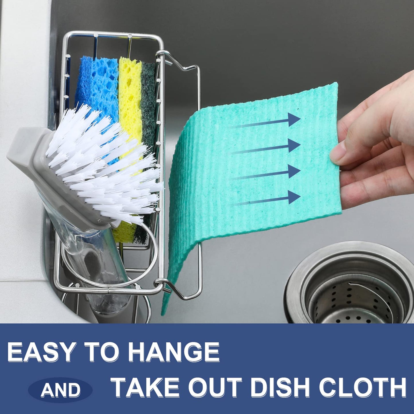 3-In-1 Sponge Holder for Kitchen Sink with Suction Cups & Adhesive Hook, In-sink Sponge Holder, Wall Hanging Sink Caddy Organizer Rack - Sponge, Dish Cloth, Brush, Scrubber - 304 Stainless Steel