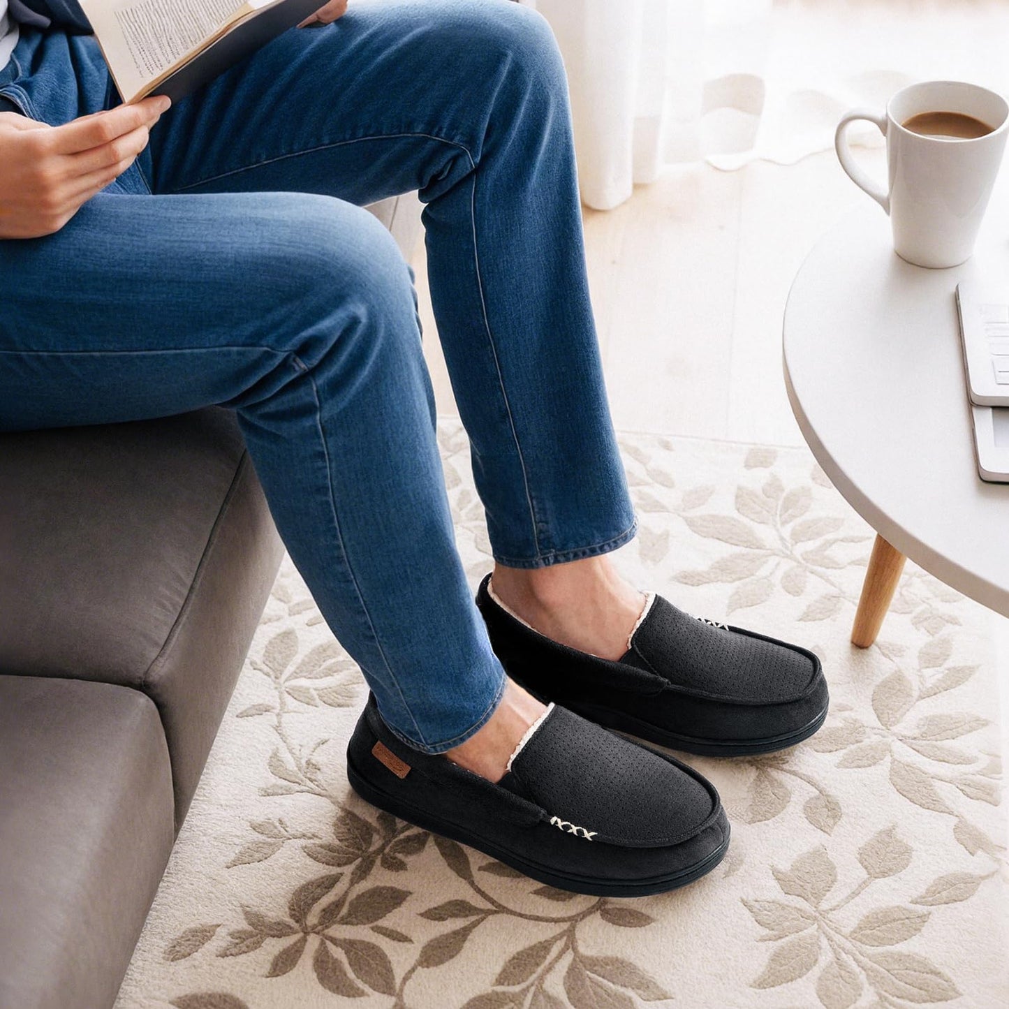 VeraCosy Men's Women's Comfy Suede Memory Foam Moccasin Slippers Warm Sherpa Lining House Shoes with Anti-Skid Rubber Sole, Black /Men, 9 UK Men/ 10 UK Women
