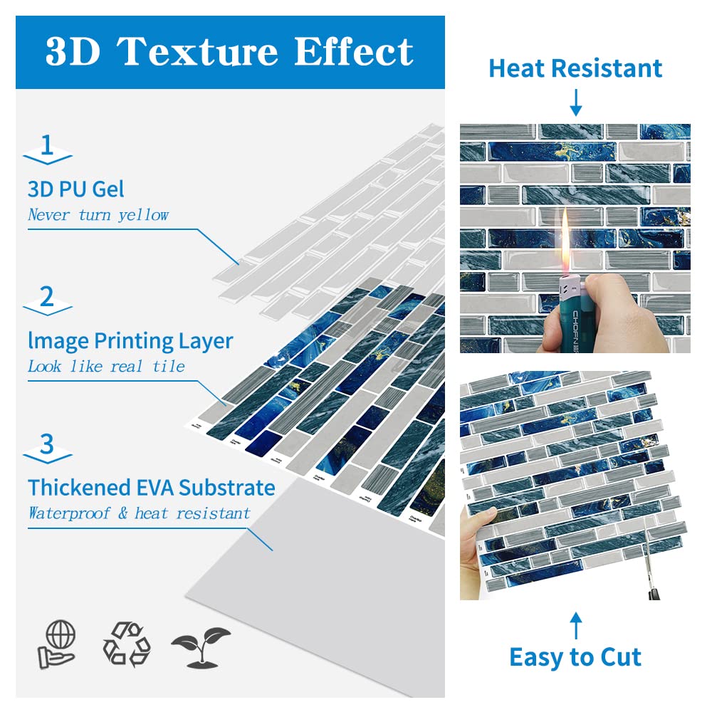 10-Sheet Peel and Stick Backsplash for Kitchen Bathroom Stick on Backsplash Blue Tile 12"x12"
