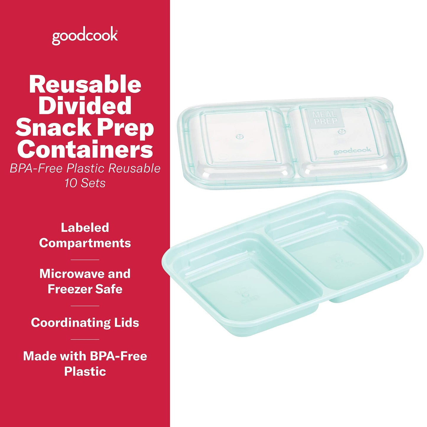 GoodCook Meal Prep Rectangle Snack Containers, 10 Pack, Light Blue, BPA-Free, Reusable 3-Compartment, Portable Snack Box, Microwave & Freezer Safe, with Lids for Portion Control