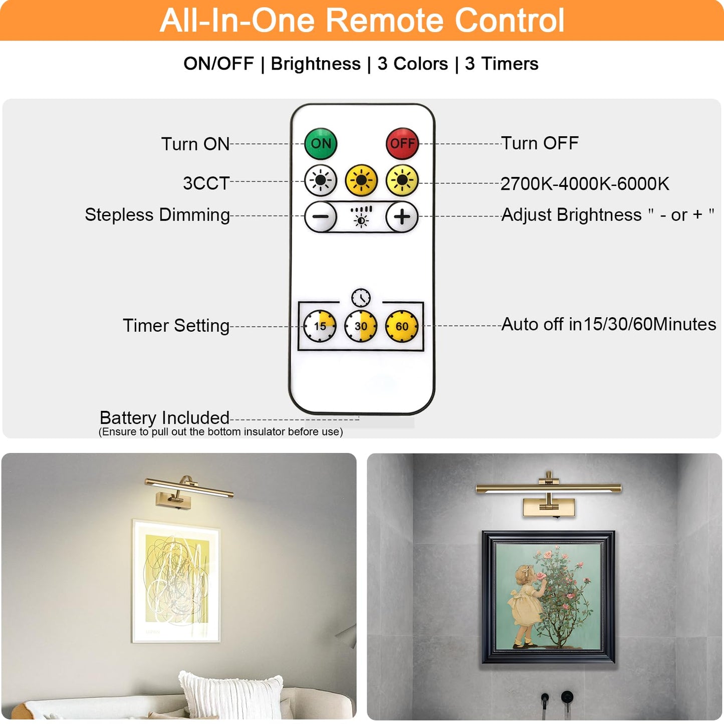 Tassuowell Wireless Picture Lights for Wall Rechargeable, Battery Operated Art Light for Paintings, 3CCT Dimmable, 15.7" Brass Finish with Remote, Rotatable Gallery Light for Pictures Display