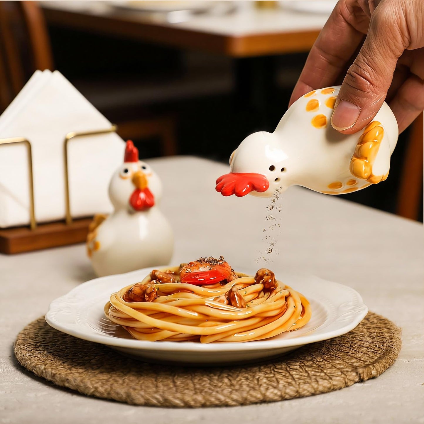 Bicuzat Ceramic Hen and Rooster Salt & Pepper Shakers Set, Hand-Painted Chicken Salt and Pepper Shakers, 2 PCS Set
