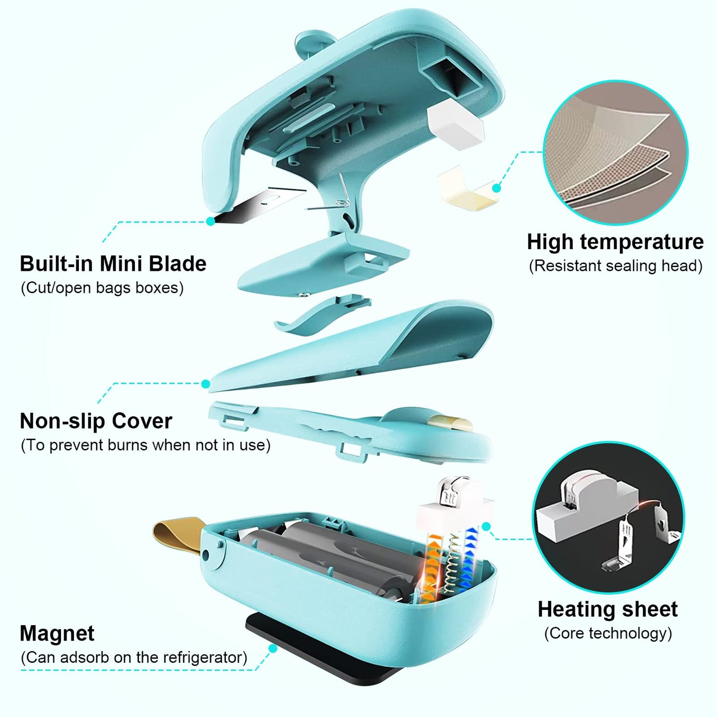 Mini Bag Sealer, Kenossion Chip Bag Sealer - Bag Sealer Heat Seal with Cutter & Magnet, Portable Mini Sealing Machine to Reseal Plastic Bags & Keep Snacks Fresh (2xAA Batteries Included), green