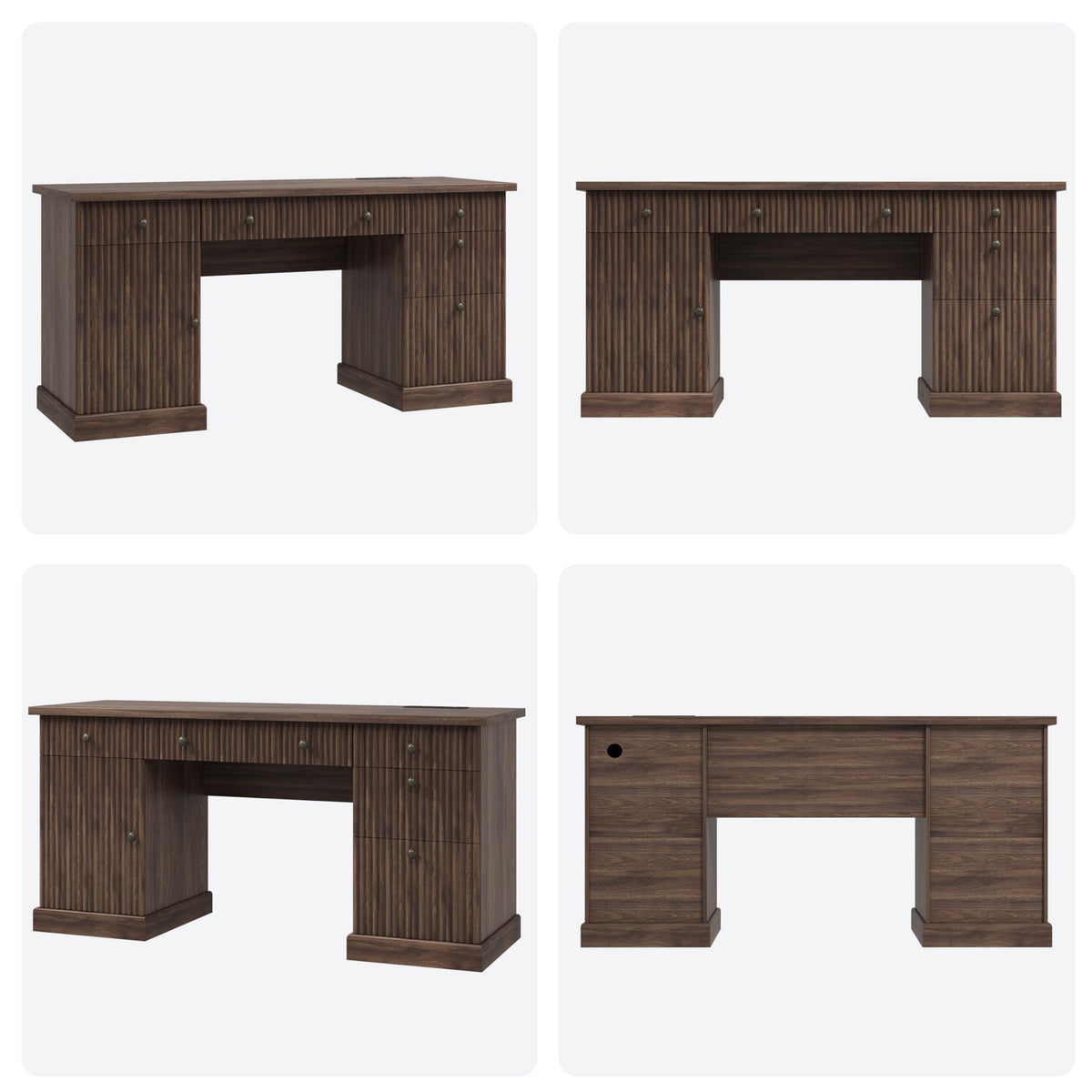 Garvee 60" Office Desk with Storage & Drawers. Fluted Wood Computer Desk with Power Outlet & Adjustable Shelves.Modern Executive Desk for Home Office/Bedroom/Gaming-Brown