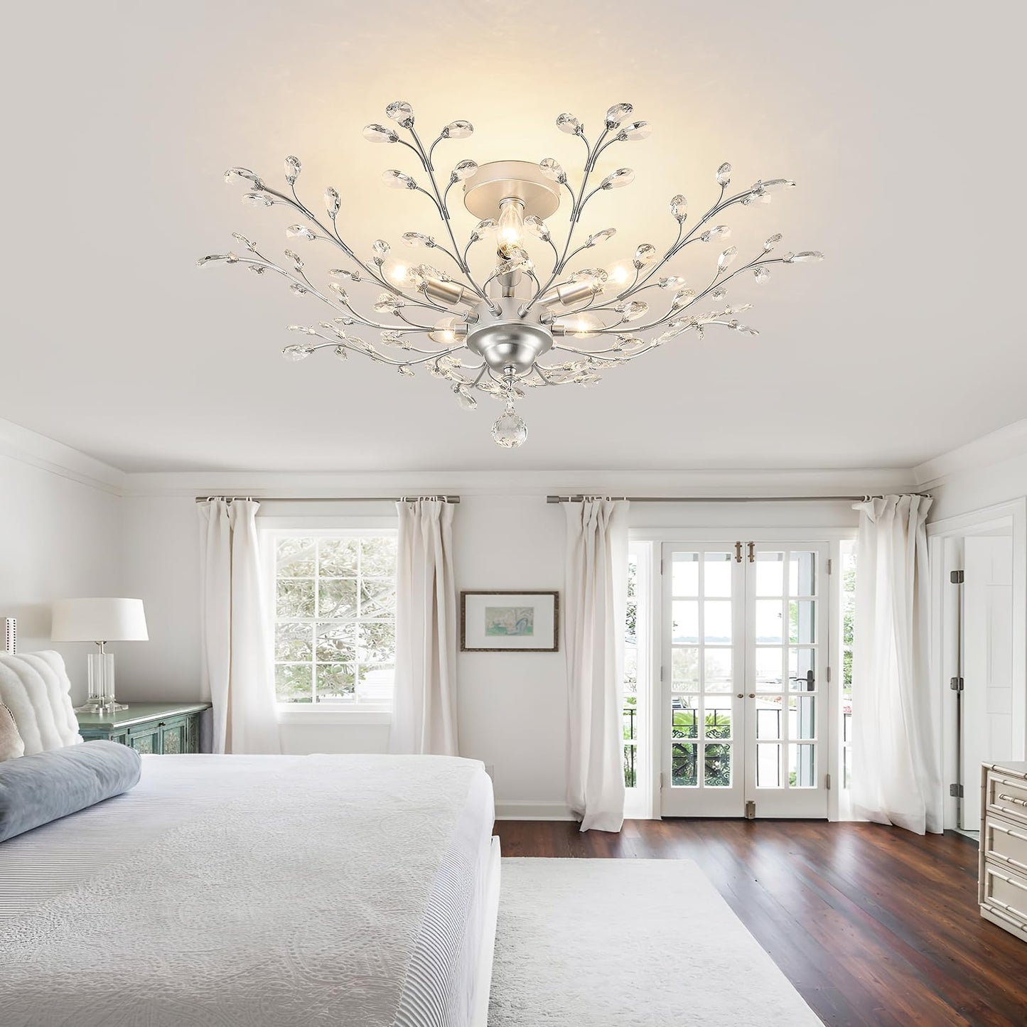 CVKASH 5-Light Vintage Small Crystal Chandelier Modern Silver Branche Ceiling Light Fixture Farmhouse for Kitchen Dining Room Living Room Bedroom Hallway Foyer