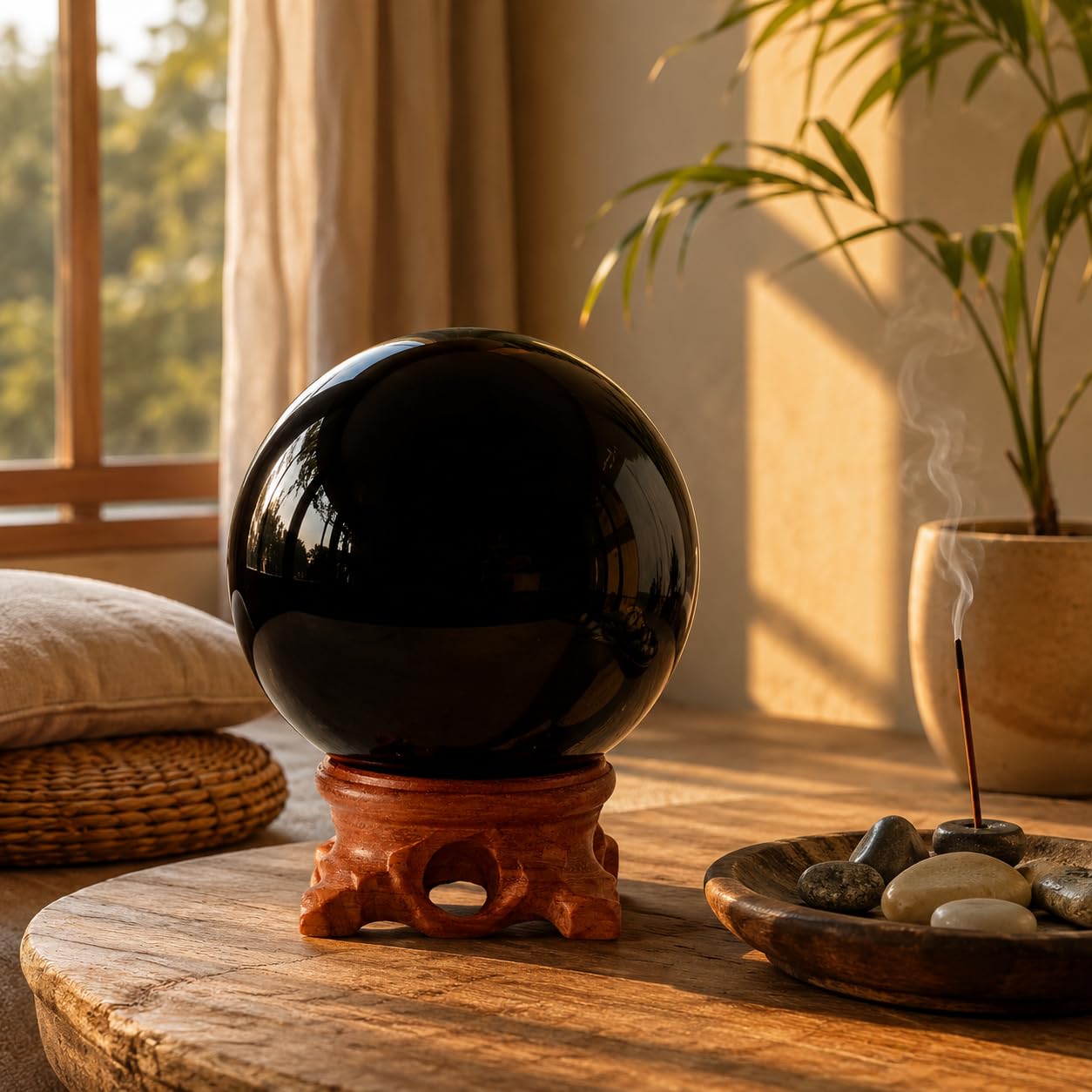 Lodkksg Black Obsidian Crystal Ball 90mm (3.54-inch) with Wooden Stand — Natural Polished Black scrying Ball, Suitable for Meditation and Home Decor.