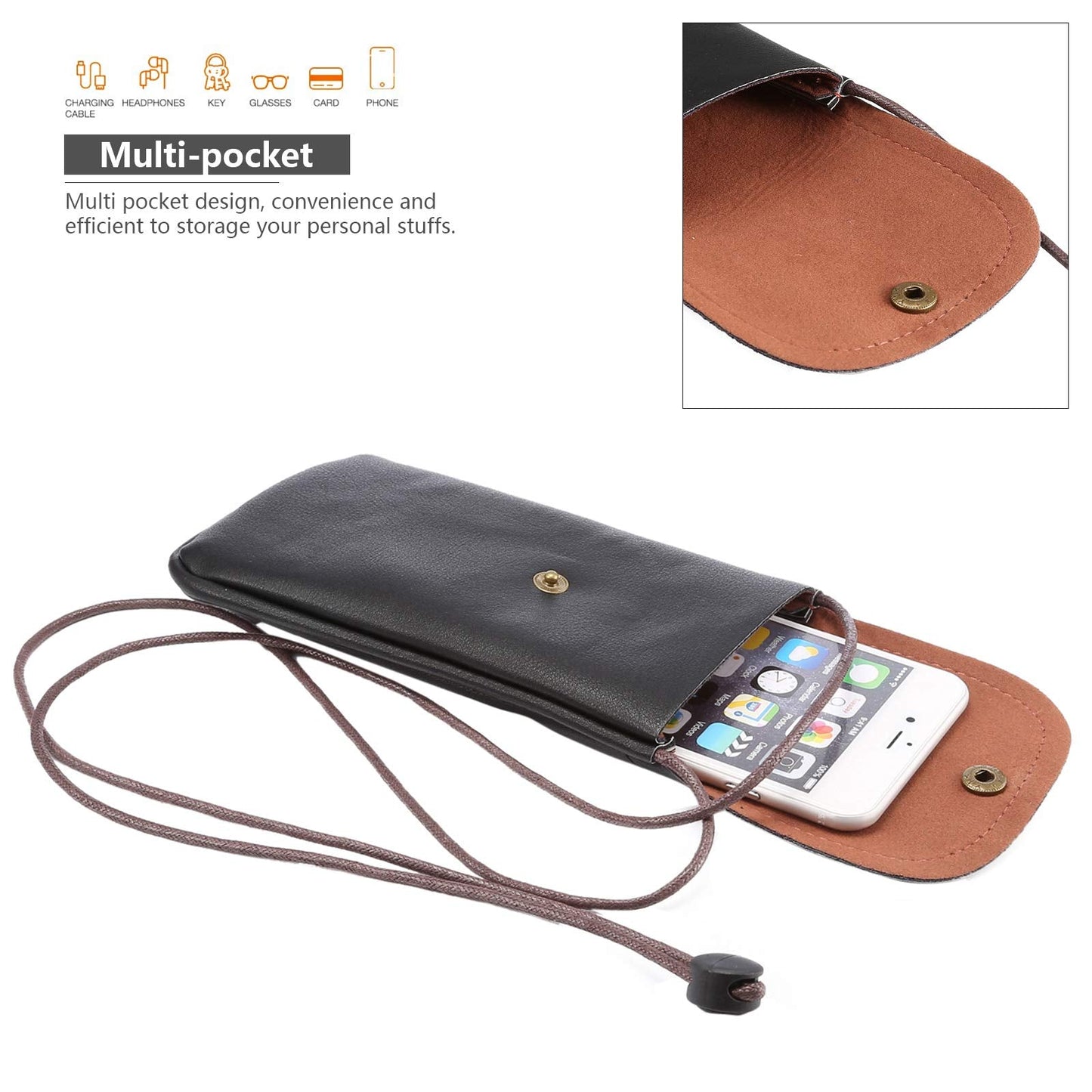 Techcircle Cell Phone Neck Pouch PU Leather Carrying Bag with Credit Card Holder Adjustable Strap, Small Travel Purse for iPhone 11 XR XS Max SE 8 7 6 Plus, Galaxy S10 S7 Edge A10 J7, Moto G6 (Black)