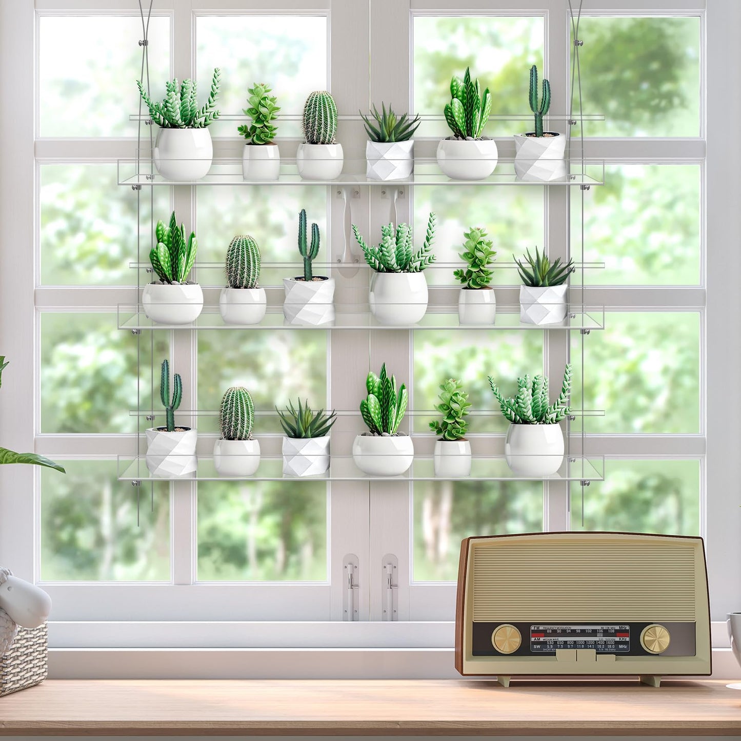 Ziliny 2 Pcs 28 Inch 3-tier Clear Hanging Window Plant Shelves Acrylic Height Adjustable Plant Stand Hanger Flower Pot Organizer Storage for Indoor Window Wall Garden Grow Herb Succulent