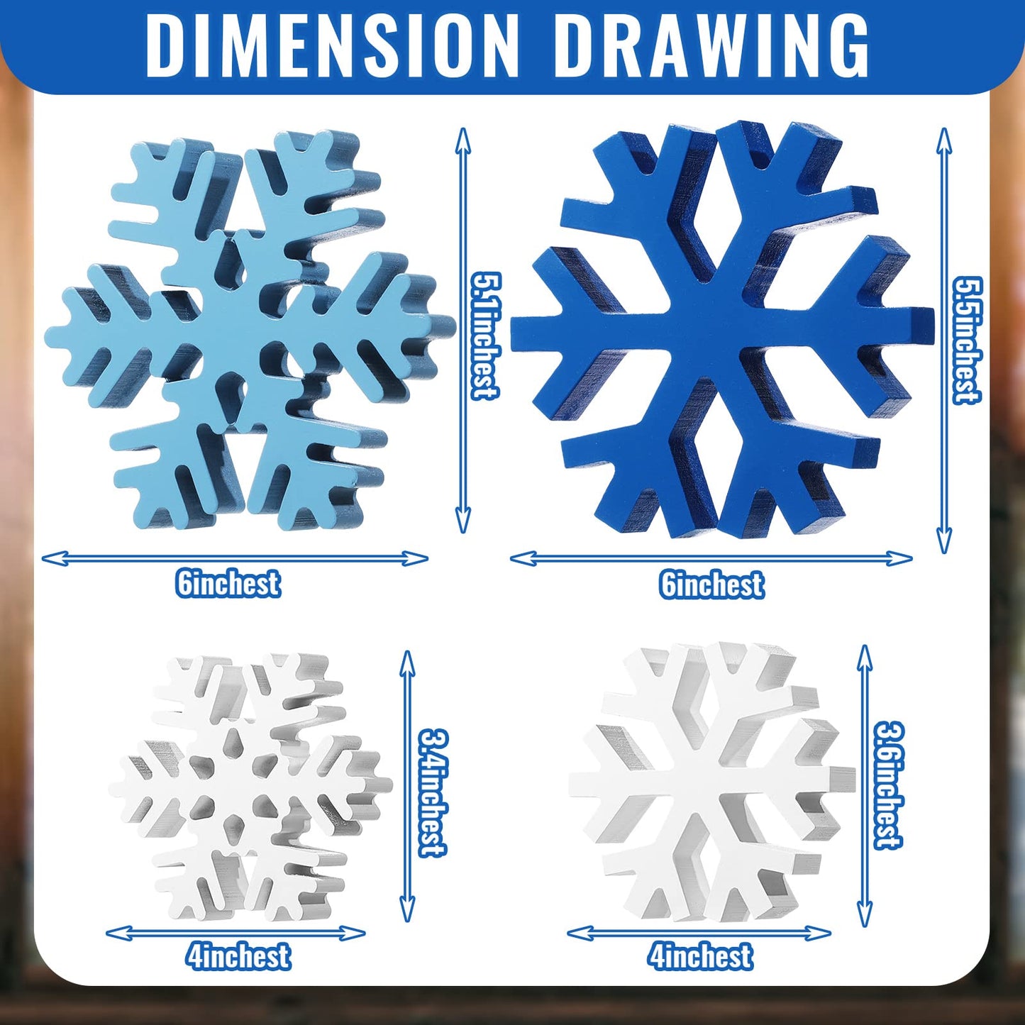 Blulu 4 Pcs Winter Wooden Snowflakes Decor Tabletop Decorations Christmas Snowflake Signs Winter Wooden Xmas Standing Table Sign Christmas Fireplace Decoration for Party Birthday(White and Blue)