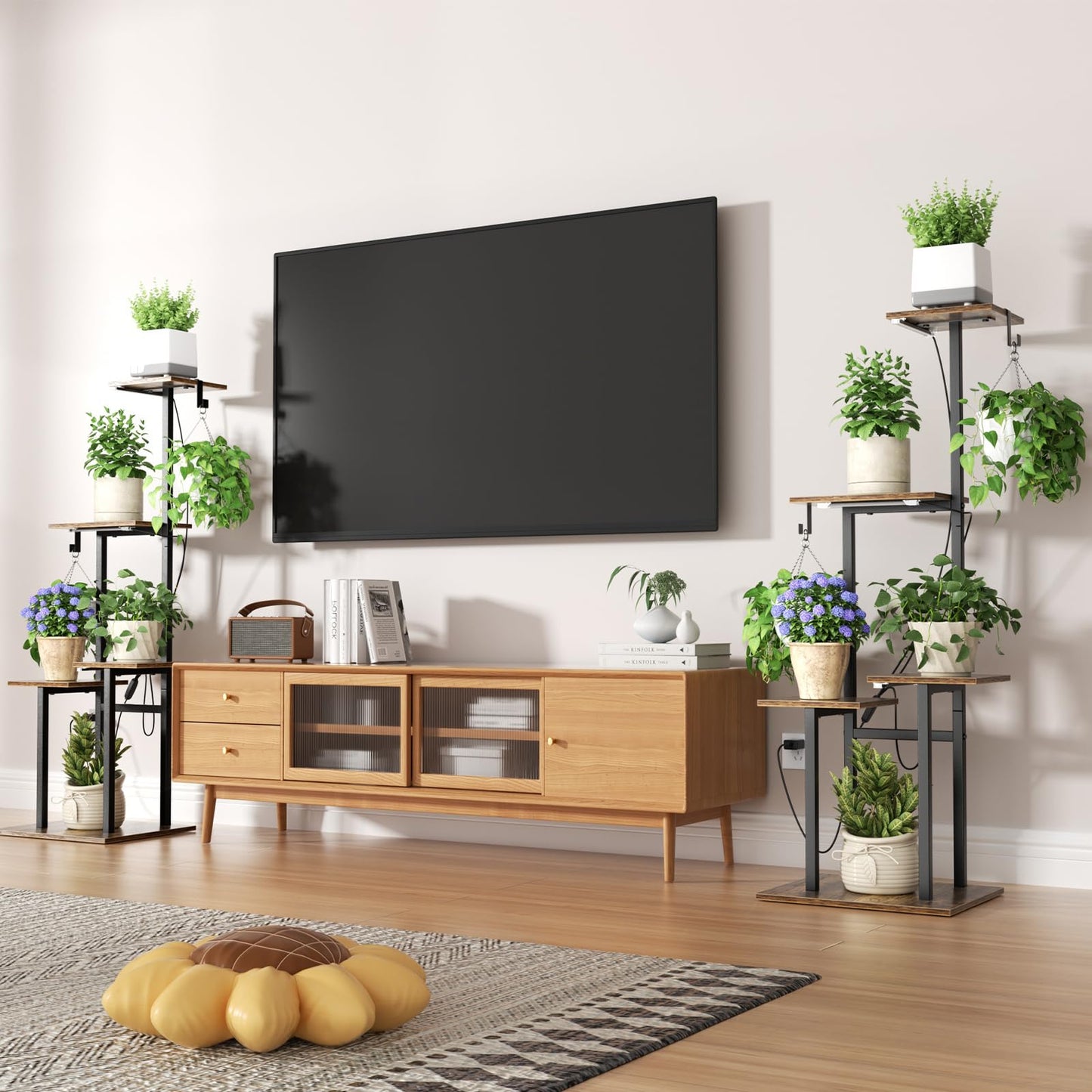 unlumm Plant Stand Indoor with Grow Lights, 46" Metal Corner Plant Shelf with 3 LED Lights, 2 Hanging Hooks, 5-Tiered Tall Plant Flower Holders for Living Room, Garden, Patio (Black Brown)