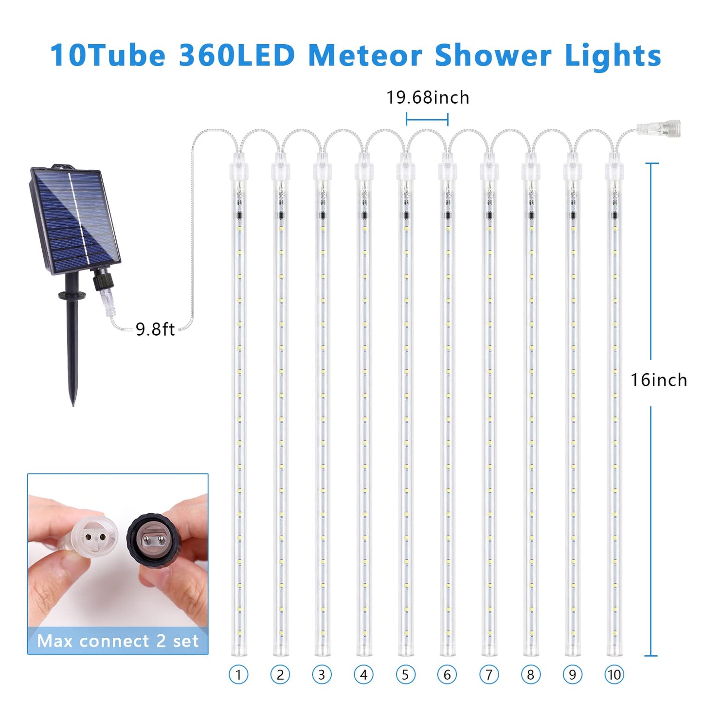 Blingstar Meteor Shower Lights - 10 Tube 16 Inch 360 LED Solar Powered Waterproof Falling Rain Lights in Cool White - Perfect for Outdoor Christmas & Halloween Decoration