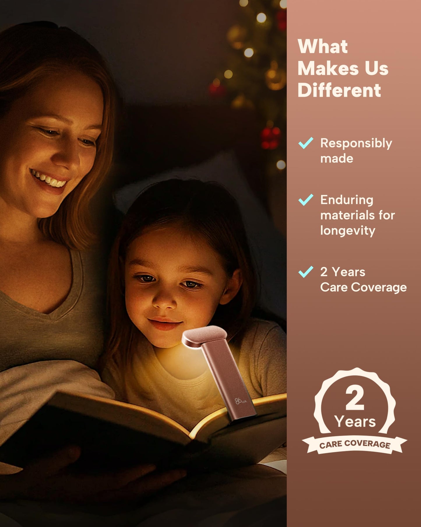 86lux Book Light, Reading Light for Book in Bed, USB Rechargeable LED Night Light with 3 Colors & Stepless Dimming, Aluminum Alloy Bookmark Light for Book Lovers, Rose Gold