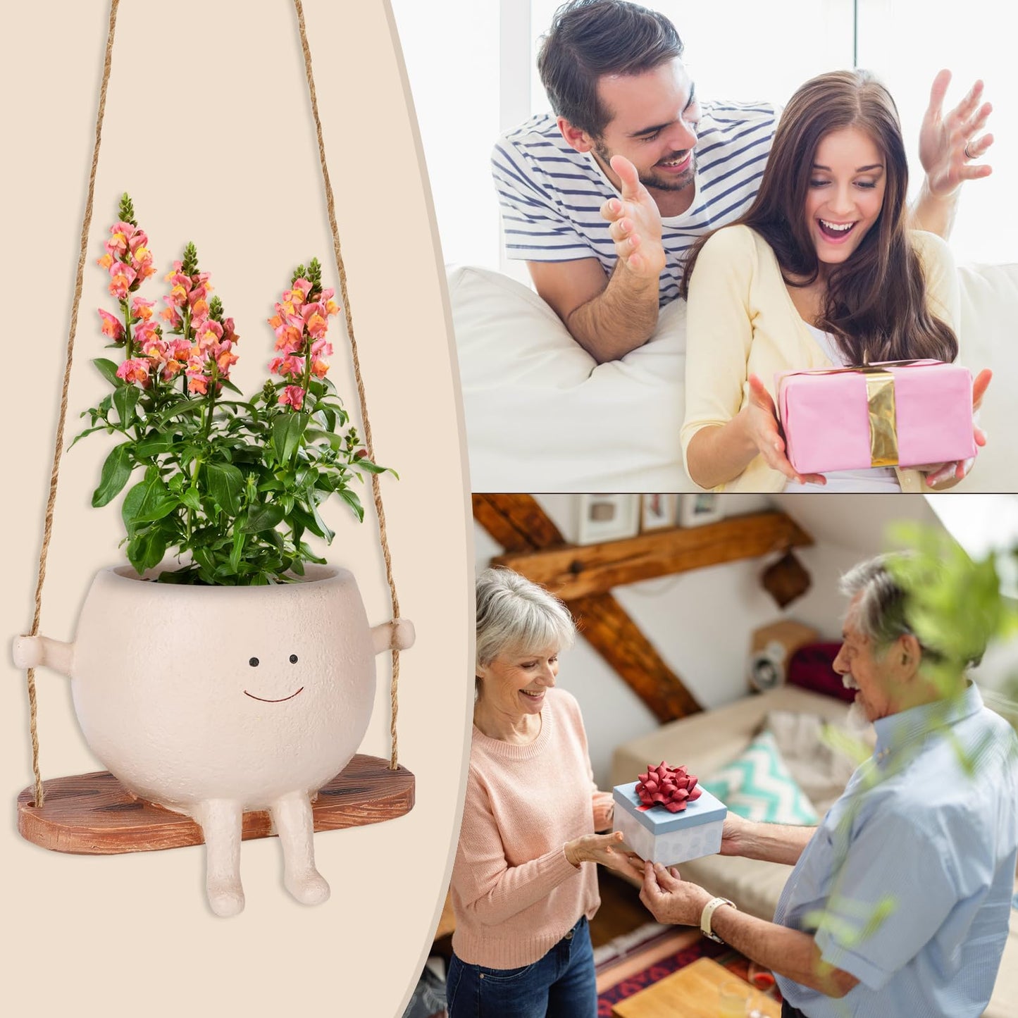 CONNOVA Smiley Face Flower Pot, Swinging Smiley Face Hanging Planter, Cute Swinging Planter, Hanging Planter with Unique Design, Suitable for Indoor and Outdoor Decoration