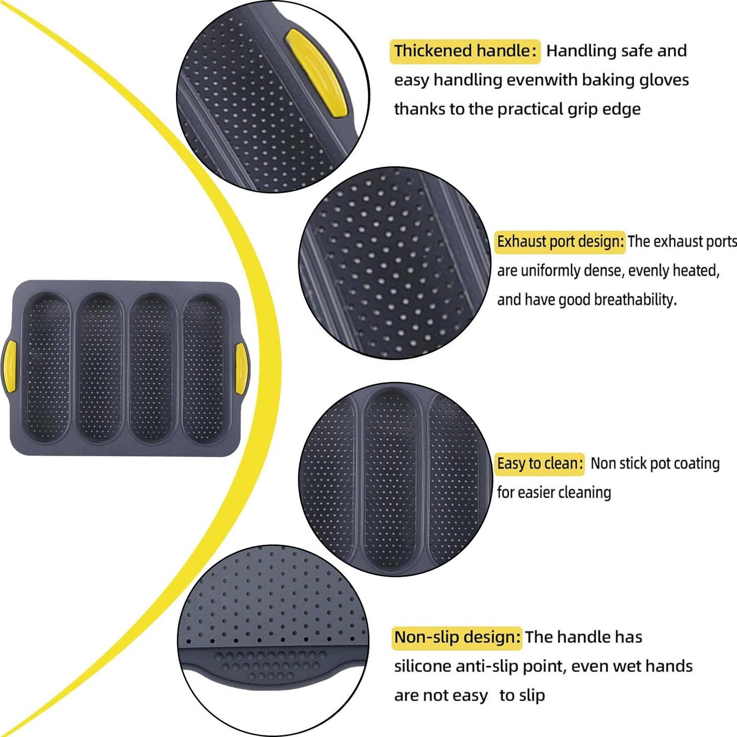 atrccs 4-cavity Silicone Bread Loaf Pan, Nonstick Sourdough Loaf Pan & Heat Resistant Baguette Bread Pan, Bread Pans for Homemade Bread, Silicone Molds for Baking Hoagie Rolls, Hot Dog Buns
