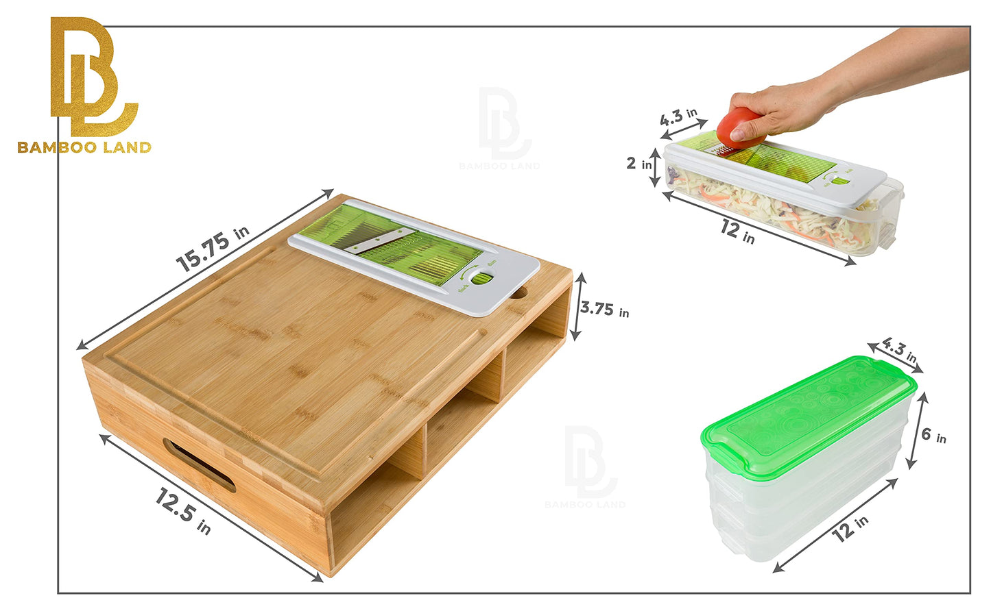 Bamboo Land- Large Bamboo Cutting Board with Containers, 6 Pcs Vegetable Slicers & Garters, Cutting Boards for Kitchen with Holder, Chopping Board, Wood Cutting Board with Storage