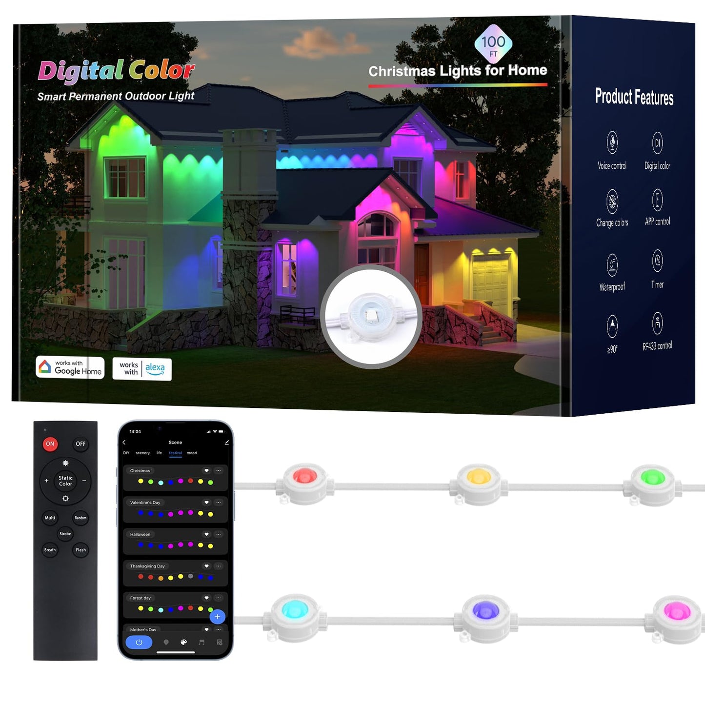 olivilily Permanent Outdoor Lights, 100ft with 60 LEDs Smart RGB, 68+ Scene Modes IP66 Waterproof, Alexa/Google Assistant Compatible Holiday Lighting for Christmas Halloween Patio Decor
