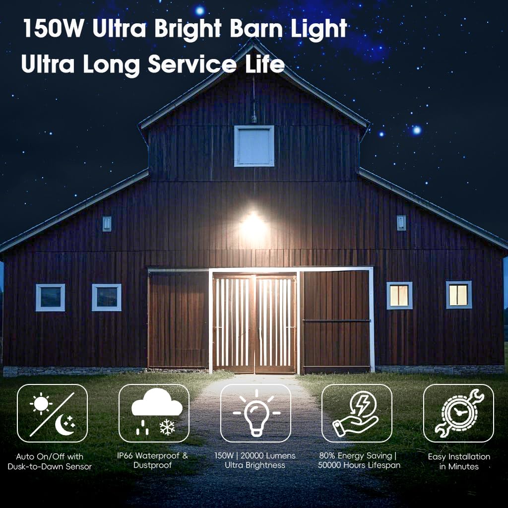 MOONTIP 150W 4 Pack 20000LM Dusk to Dawn Outdoor Lighting, LED Barn Lights Outdoor with 150ยฐ Adjustable Photocell Pole Light 6500K Flood Light, IP66 Waterproof Area Street Light for Garage Yard