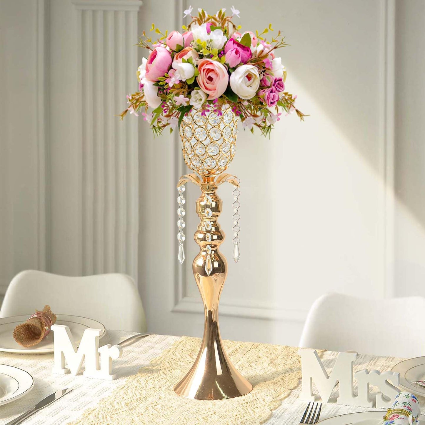 Kehail 2Pcs Gold Crystal Metal Vase Set - Tulip & Trumpet Wedding Centerpieces, Artificial Flower Arrangement Vases for Home Decor, Restaurant Table Displays