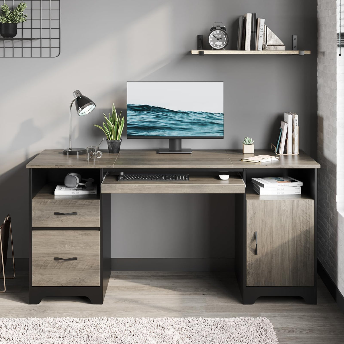 Bestier 59”Executive Desk with 2 Drawers,Computer Desk with Storage Cabinet,Industrial Wood Desk with File Drawer,Keyboard Tray & 2 Pedestals for Home Office & Studio,Gray