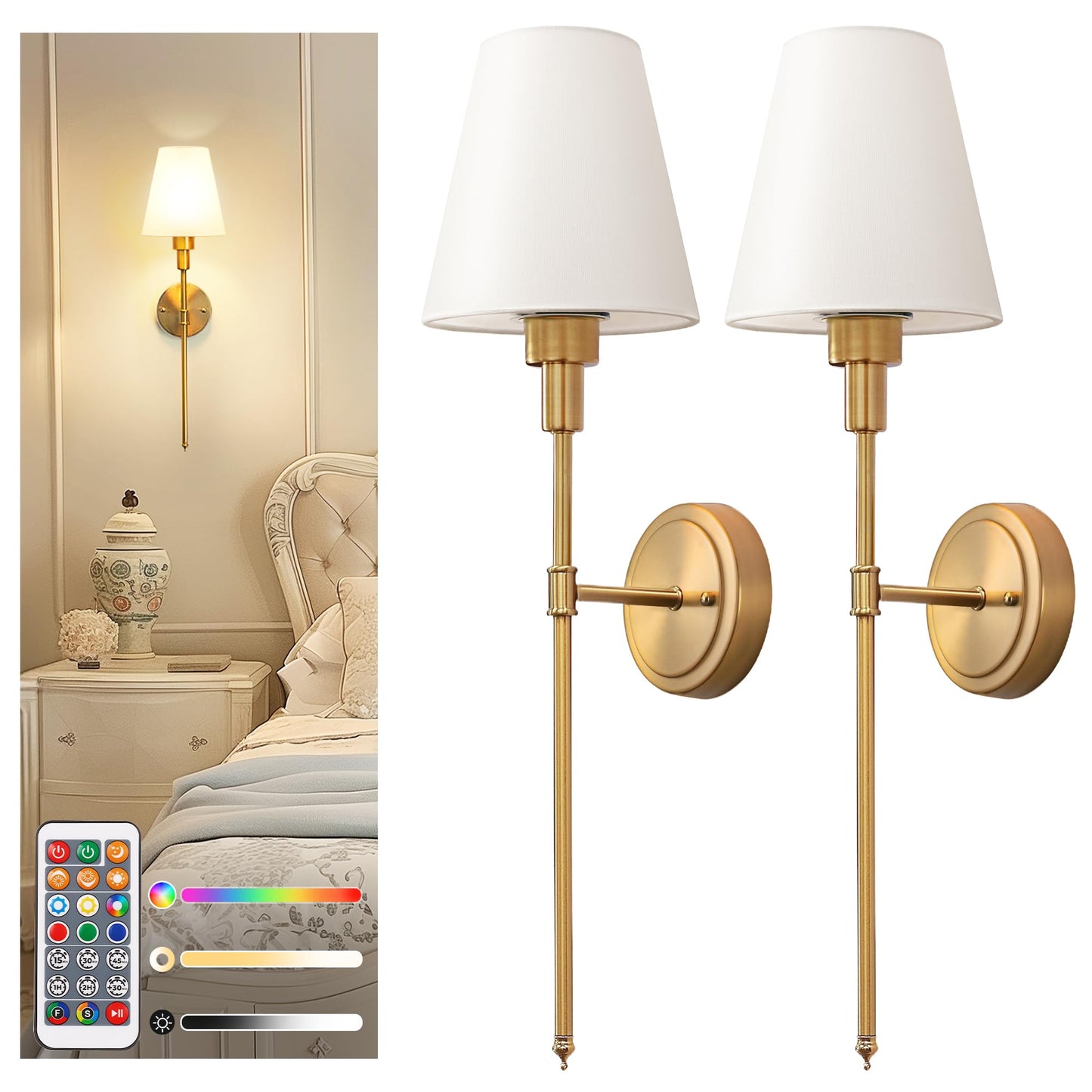 DORESshop Battery Operated Wall Sconce Set of 2, Wall Light Wireless Easy to Install Remote Control, Dimmable and Adjustable Sconces Wall Decor, Rechargeable Wall Lamp for Bedroom, Living Room, Gold
