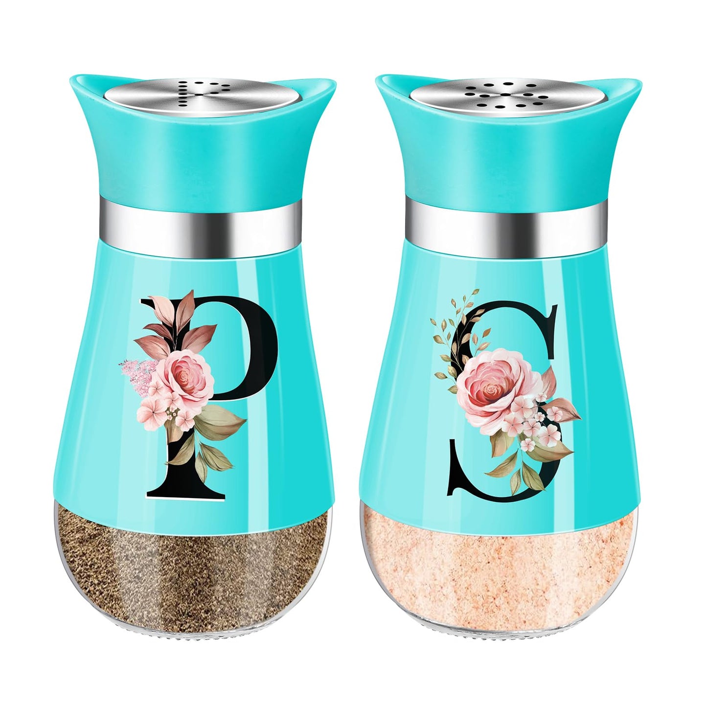 Salt and Pepper Shakers Set, 4 oz Teal Kitchen Accessories and Decor, Stainless Steel & Glass Spice Dispenser Classic, Refillable Design, Farmhouse Salt Pepper Shakers Cute Kitchen Decoration (Blue)