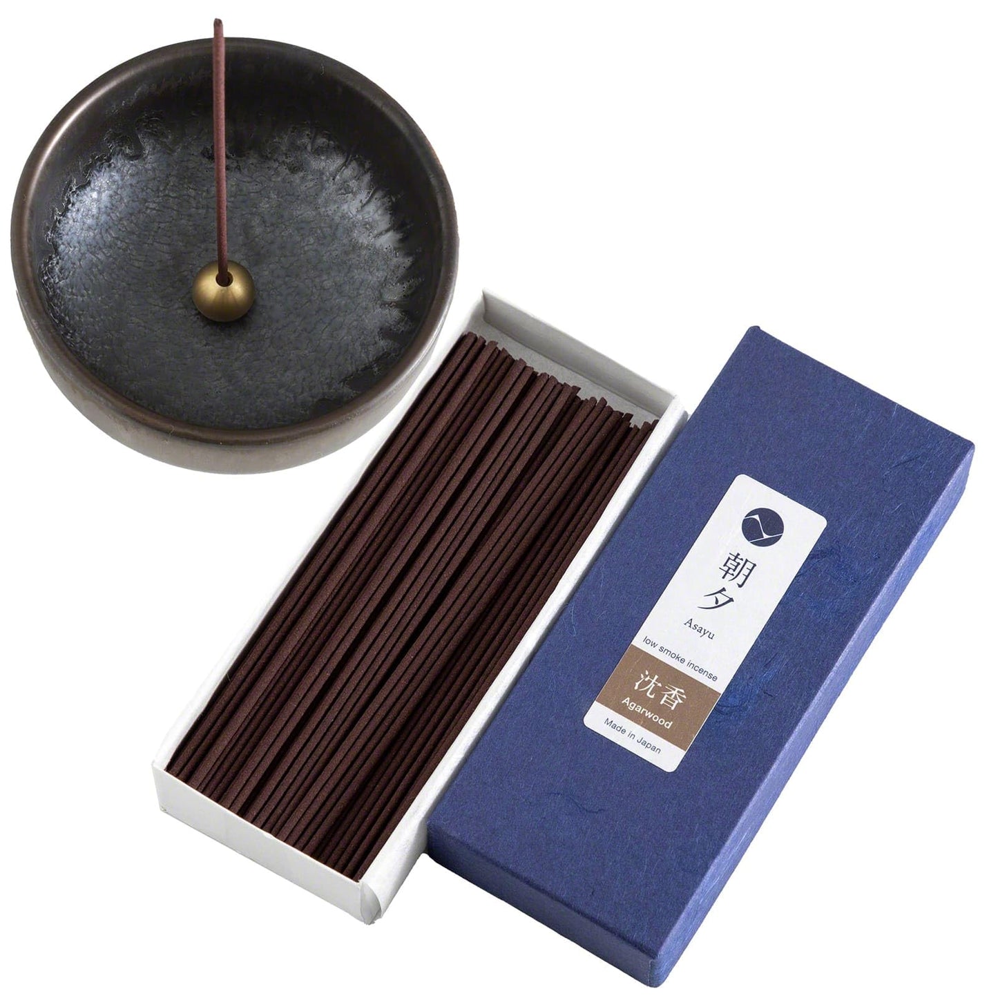 Asayu Japan Low Smoke Incense Gift Set with Incense Holder and Brass Stand, Agarwood Incense Sticks with Zen Holder