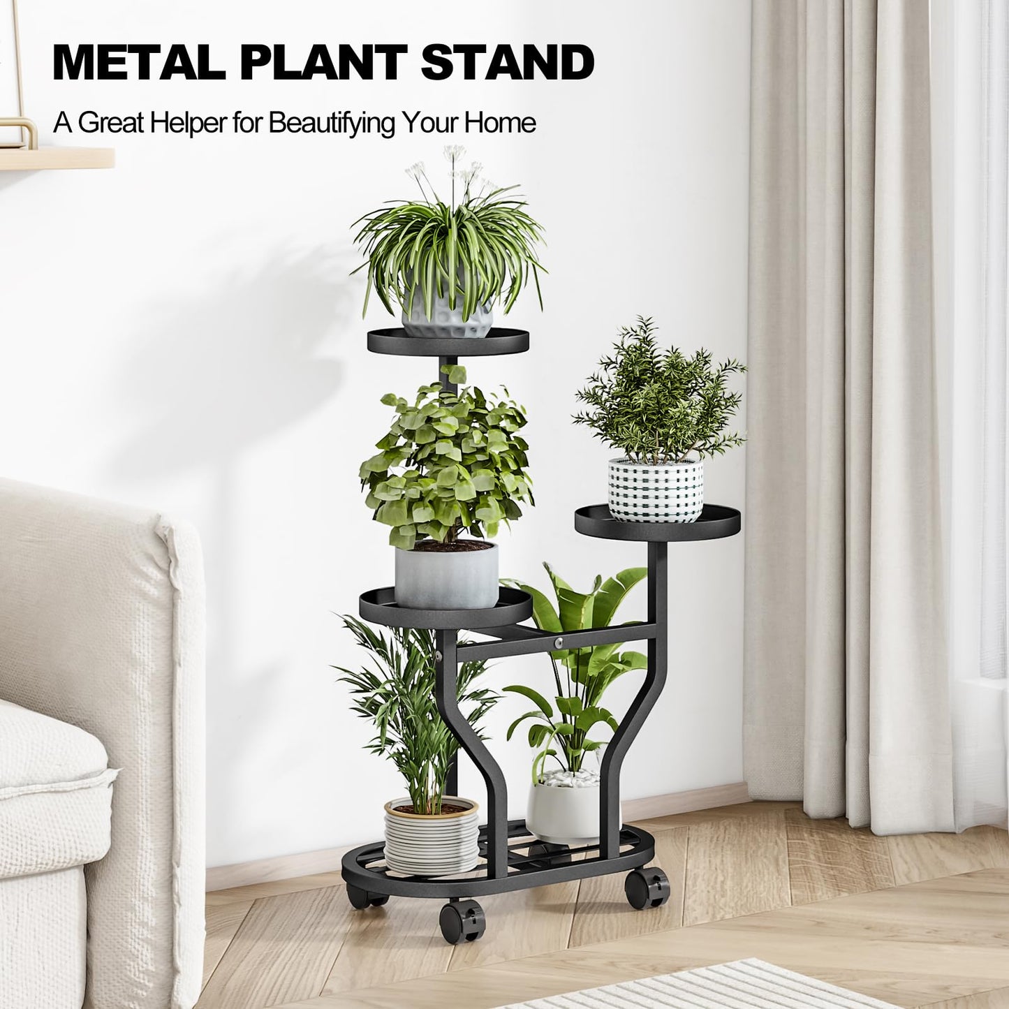 YIZAIJIA Plant Stand with Wheels 3 Tier Metal Plant Holder Corner Flower Shelf for Multiple Plants Display Rack for Bedroom Living Room Balcony Garden Black (Black, 3 Tier)