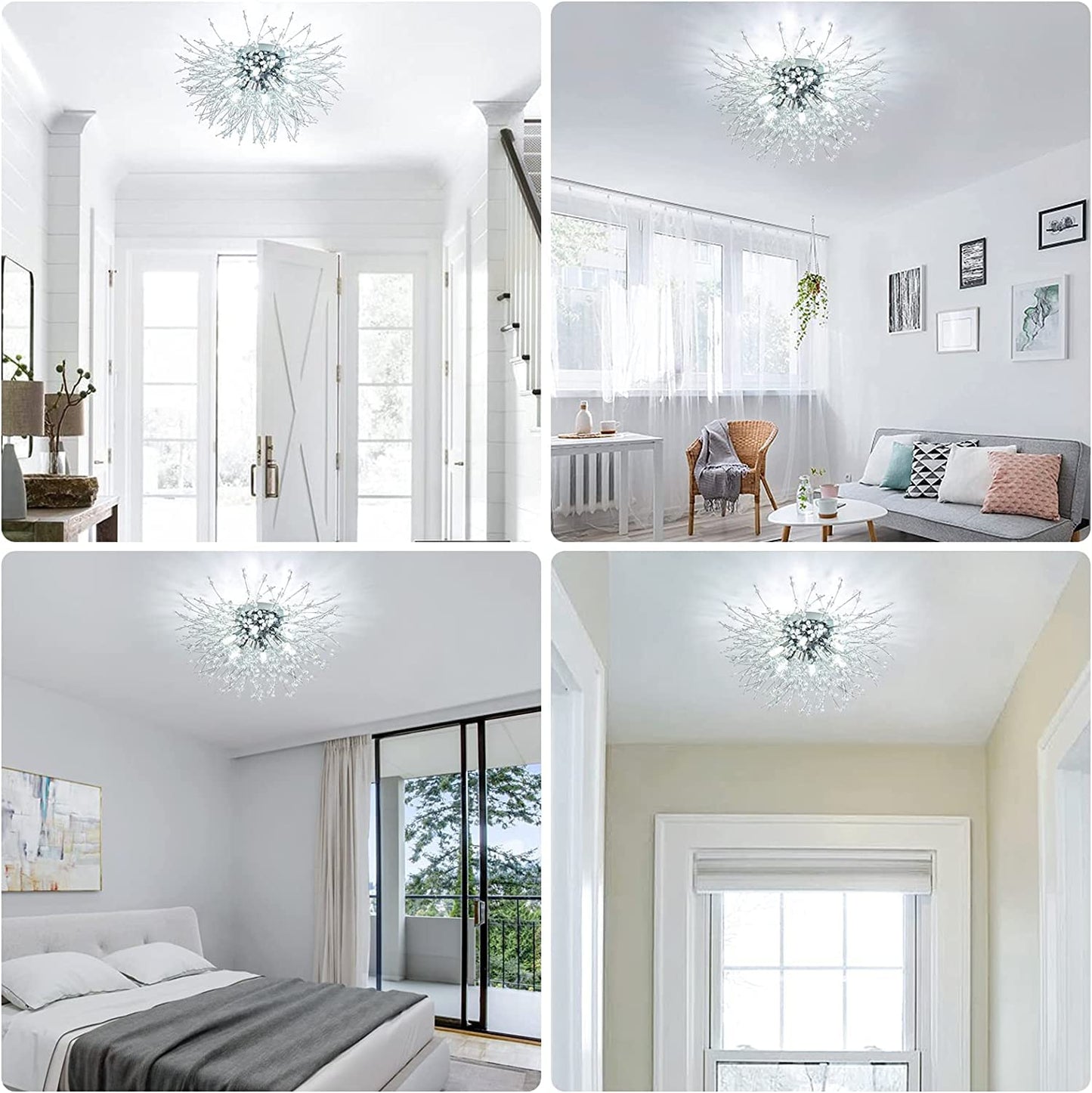 HMVPL Crystal Sputnik Firework Close to Ceiling Light, Modern LED Lamp for Bedroom, Kitchen, Island, Entryway, Hallway, Foyer