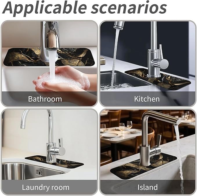 Kitchen Sink Splash Guard,Black and metallic gold marble Faucet Mat Sink