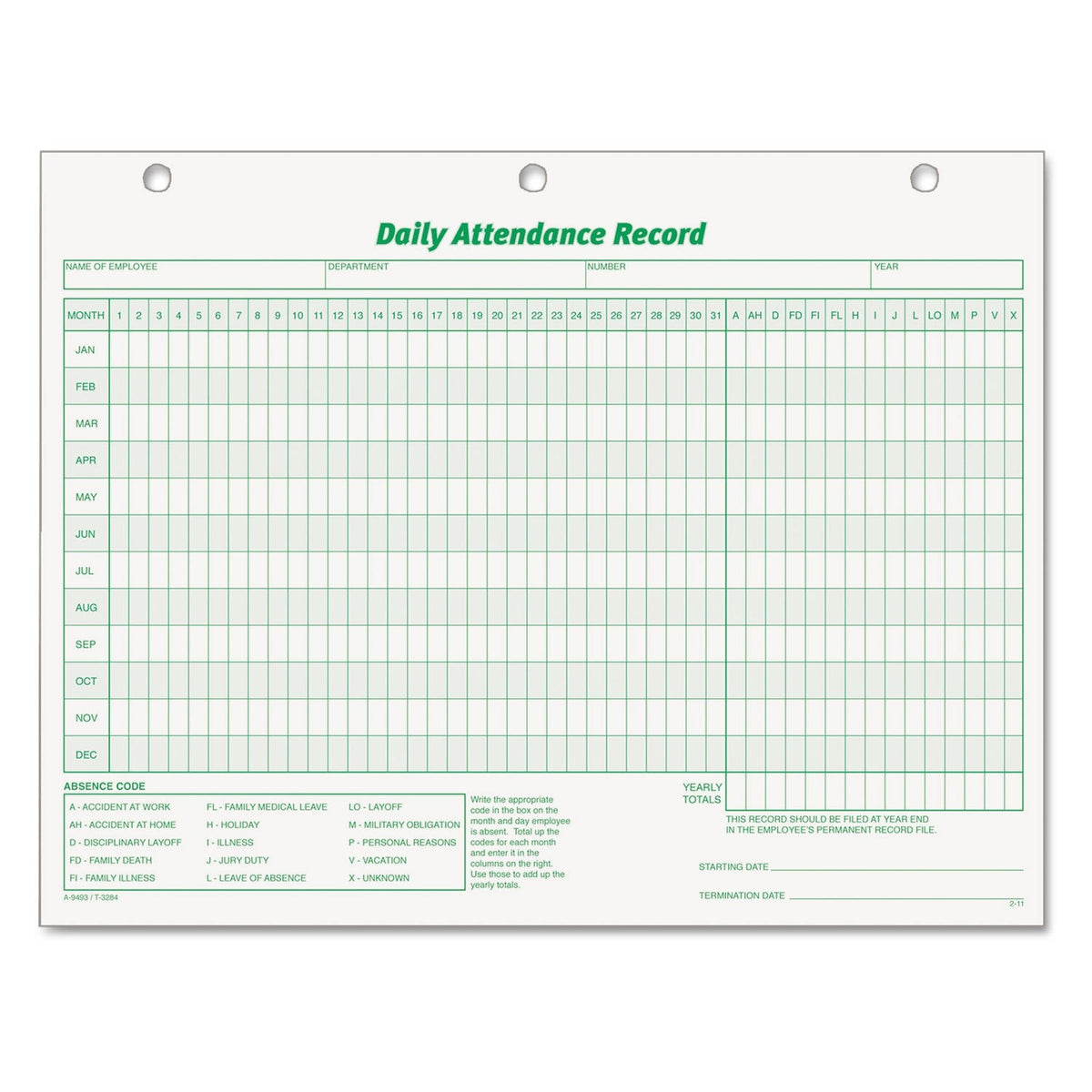 TOPS Daily Attendance Record, Loose-Leaf Style, 8.5 x 11 Inches, 50 Forms per Pack (3284)