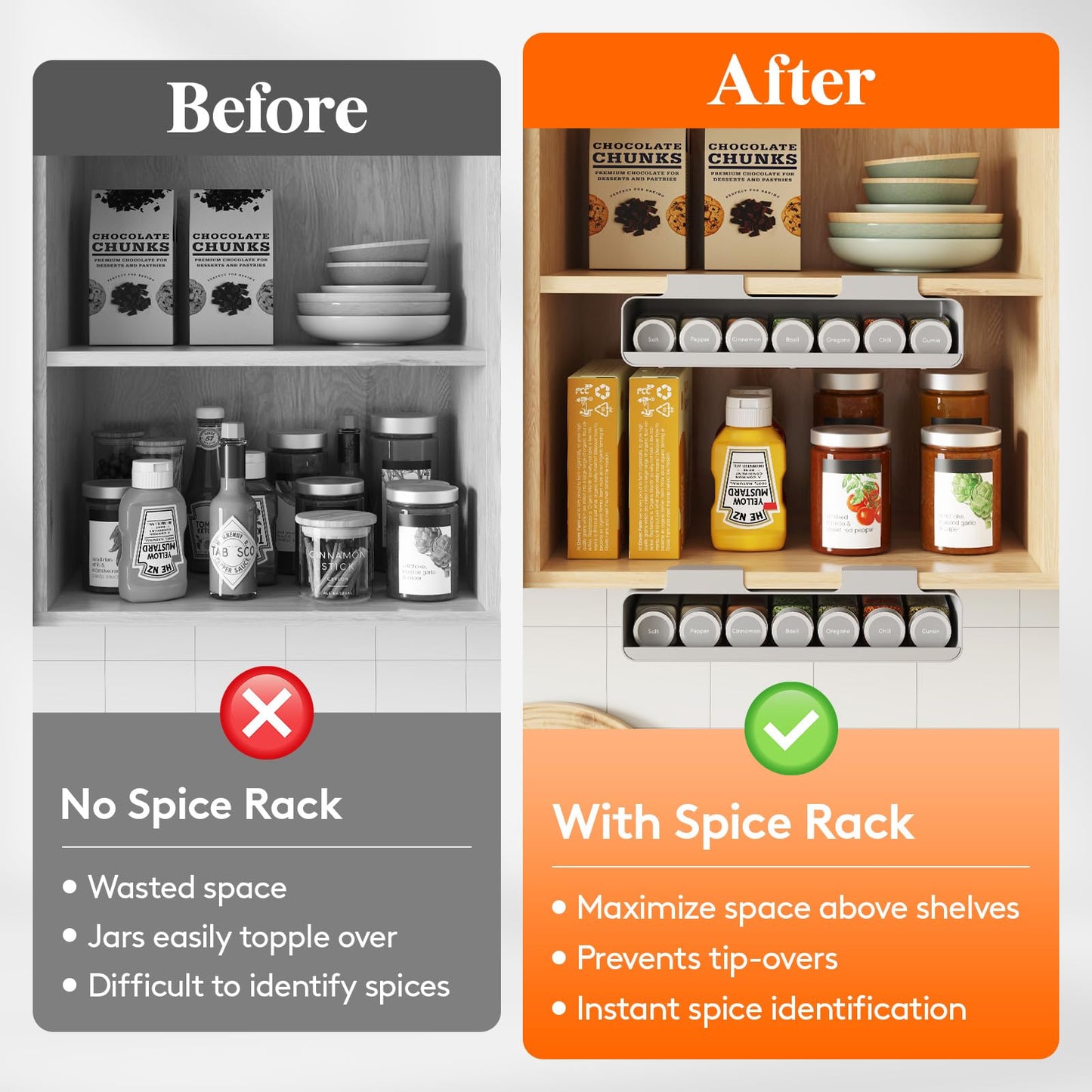 Lifewit Under Cabinet Spice Rack Organizer with 7 Jars, Lables, Under Shelf, Easy Refilling with Silicone Funnel,Seasoning Organizer for Kitchen Storage Solution, Gray