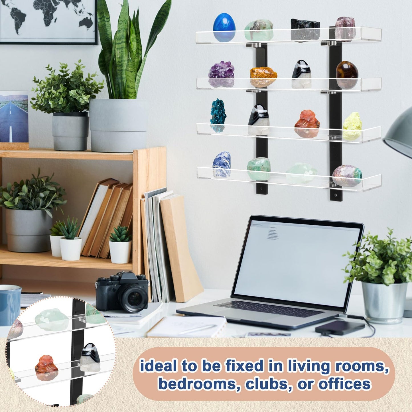 Novabright 4 Layer Acrylic Clear Rock Display Shelves for Wall Floating Shelves Organizer for Stone Collection 11.8" Rock Display for Stone Minerals Gemstones Crafts Figure Perfume for Living Room