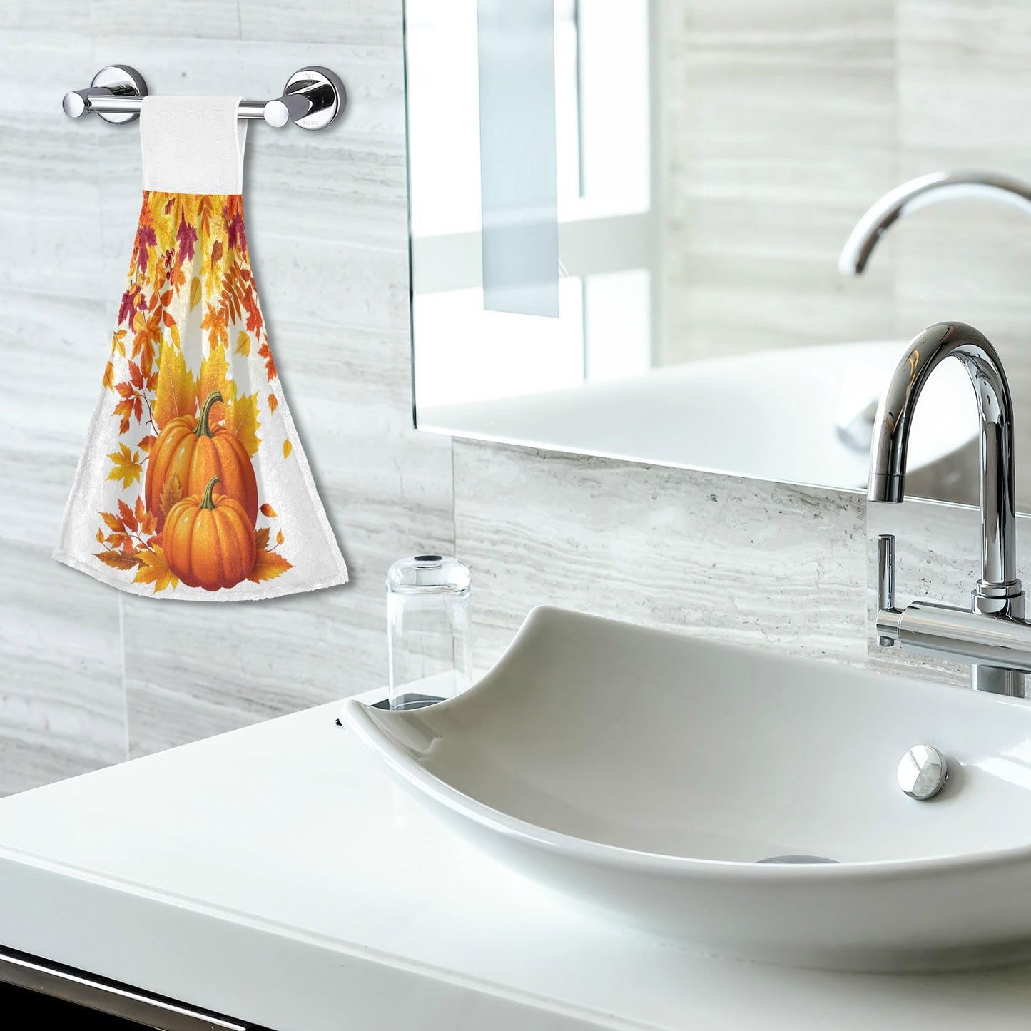 Boccsty Fall Yellow Pumpkins Hanging Kitchen Towels 2 Pieces Autumn Leaves Dish Tie Towels Hand Towel Tea Bar Towels for Bathroom Farmhouse Housewarming Tabletop Home