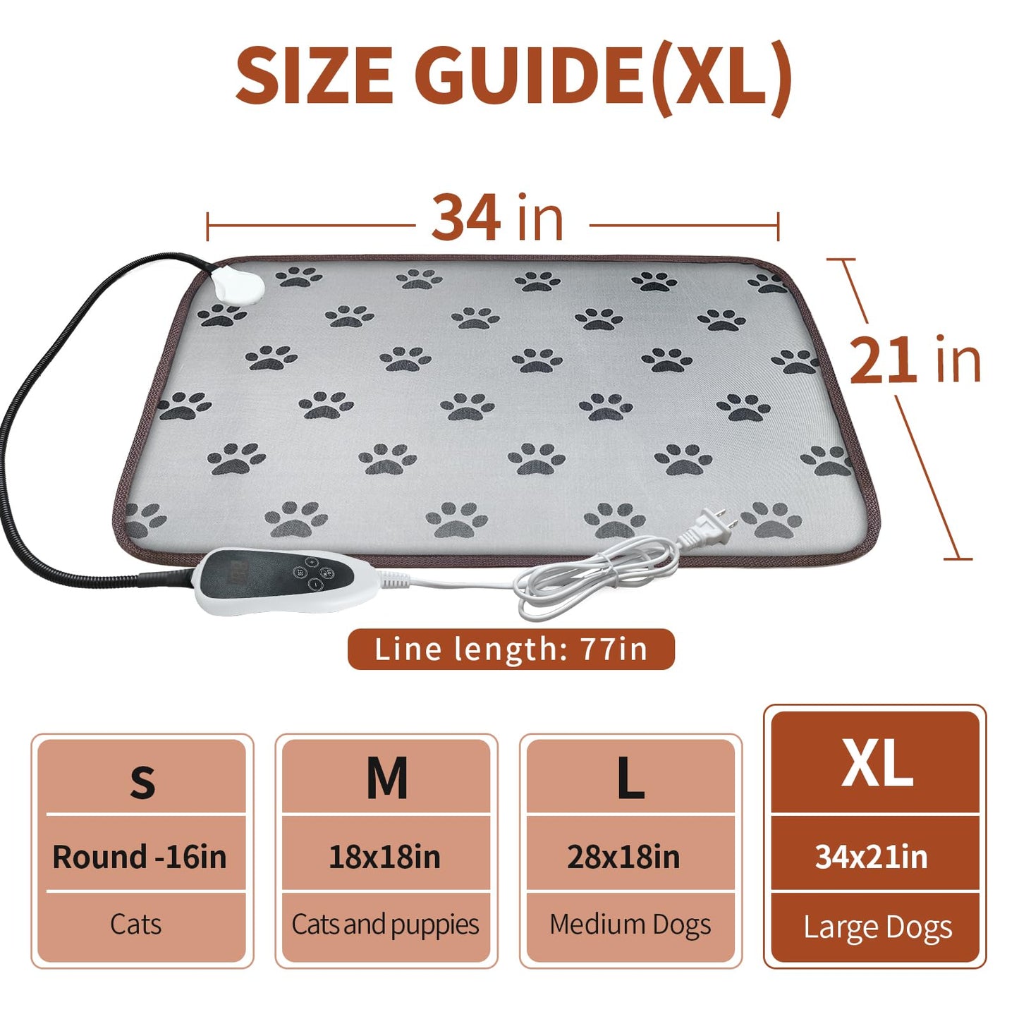 RC SLL Dog Heating Pad 86 x 53 cm, Electric Warming Pad for Dogs, Cats, Waterproof, Smart Thermostat Switch, Large Pet Heating Pad