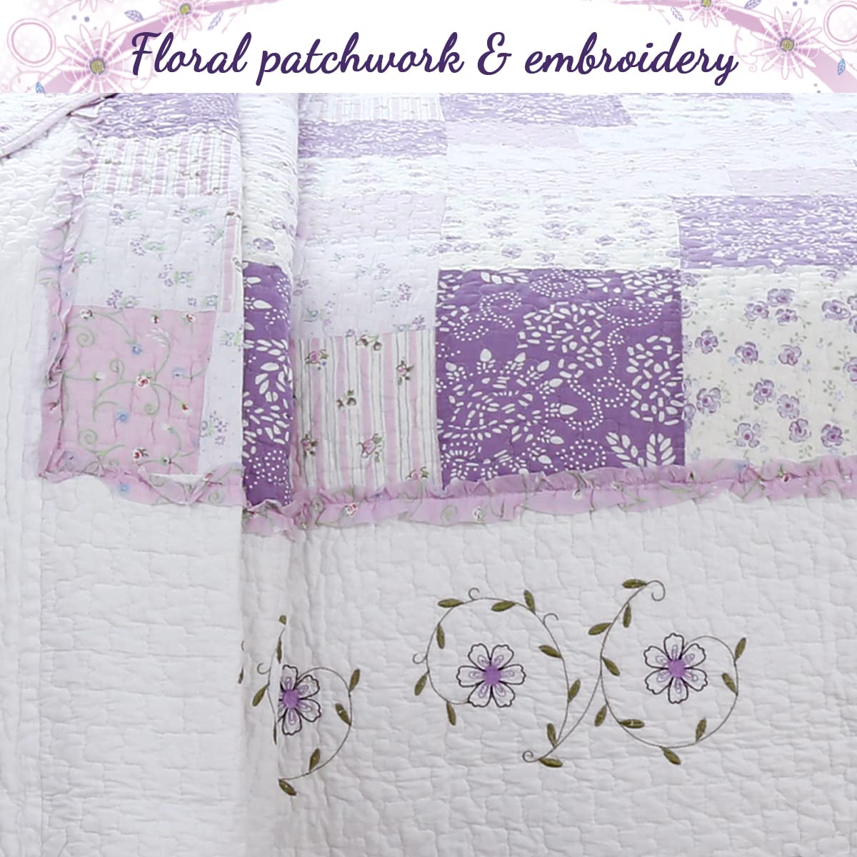 Cozy Line Home Fashions 100% Cotton Hand Pieced Real Patchwork Floral Scalloped Edge Country Quilt Bedding Set, Reversible Coverlet Bedspread for All Seasons (Love of Lavender, Queen - 3 piece)