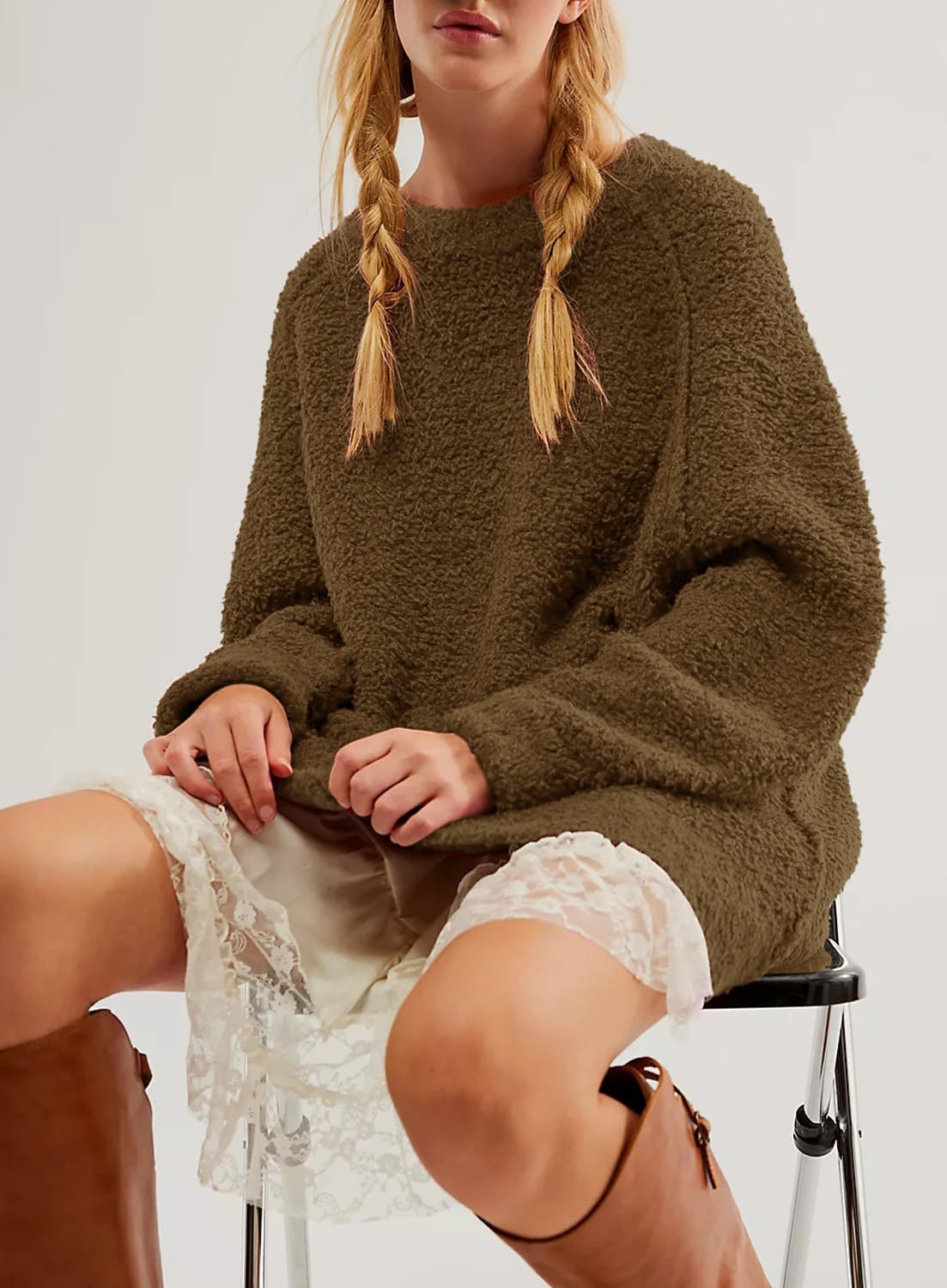 Beaully Women's Oversized Long Sleeve Crewneck Fuzzy Knit Warm Sweaters 2025 Fall Pullover Sweater Tops