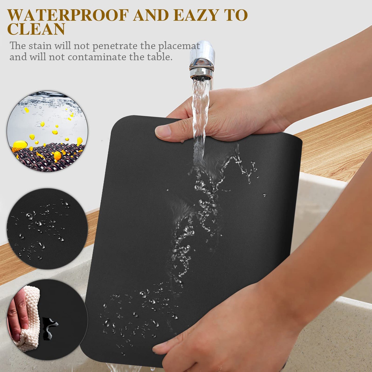 Bacgnyer Placemats Set of 4, Placemat with Coasters Heat Stain Scratch Resistant Non-Slip Waterproof Oil-Proof Washable Wipeable Outdoor Indoor for Dining Patio Table Kitchen Decor and Kids (Black 4)