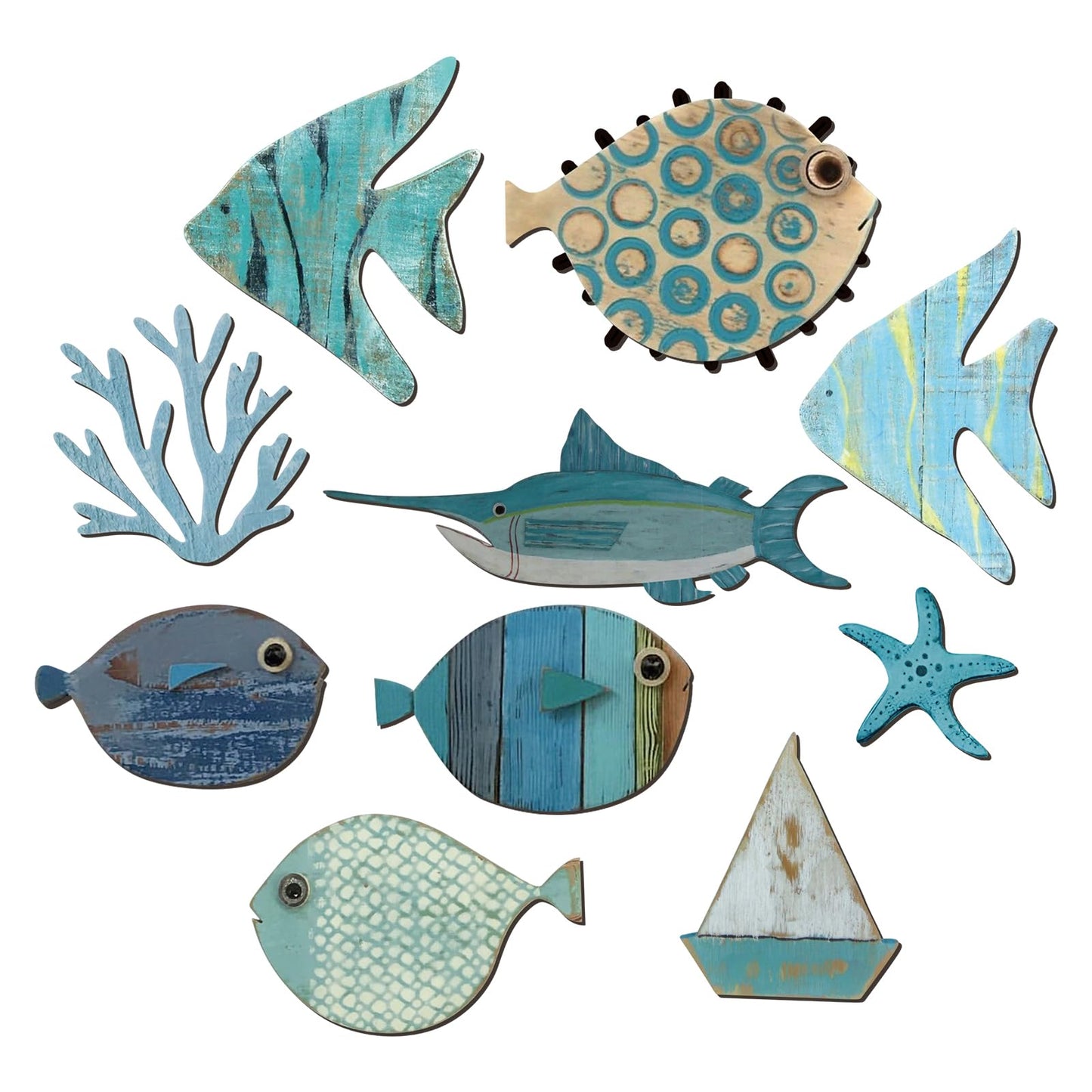 Yuntau 10 Pcs Fish Wall Decor Wood School of Fish Wall Decor Beach Theme Bathroom Decoration Wooden Nautical Coastal Pictures Home Hanging Art Summer Coastal Gift