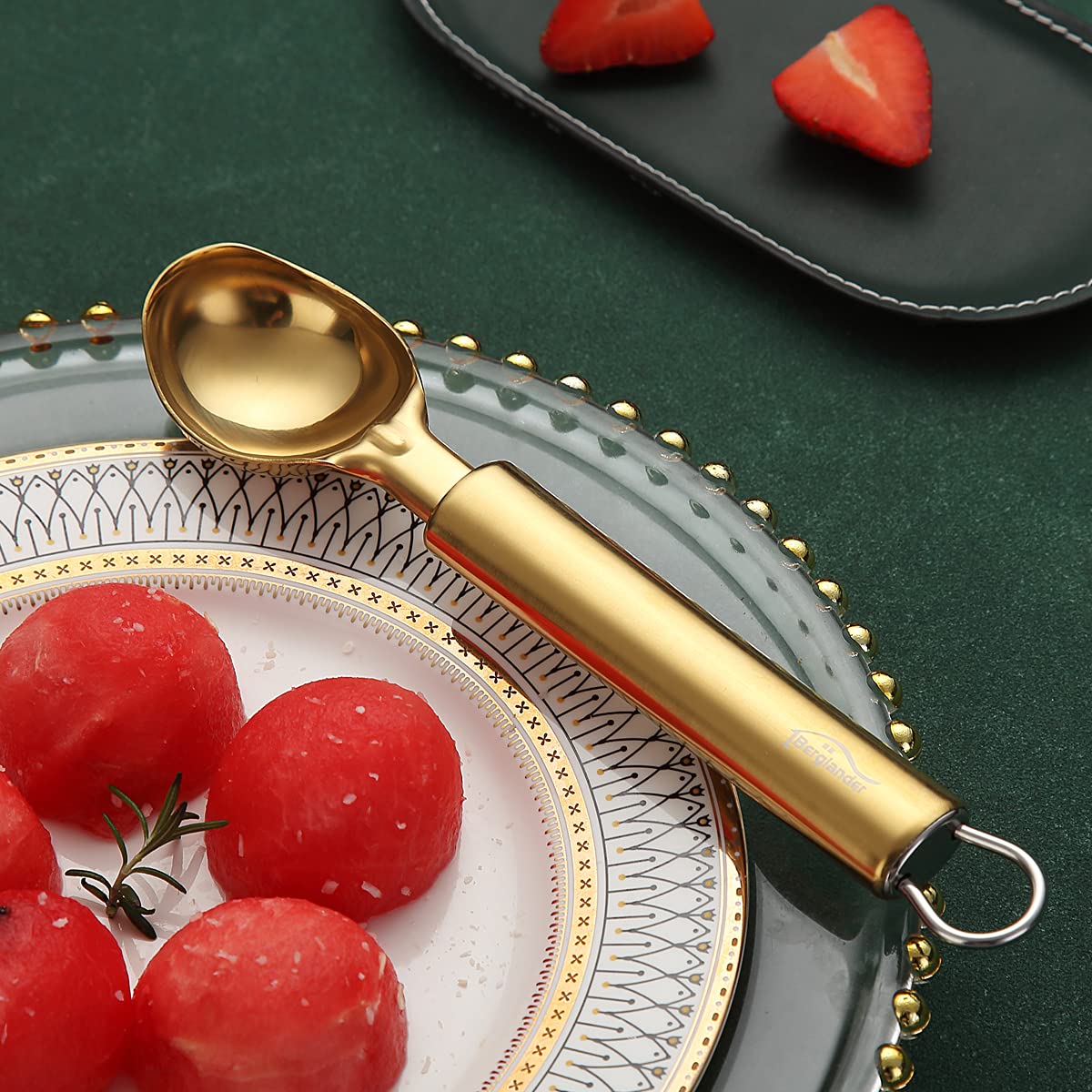 Gold Ice Cream Scoop, Berglander Stainless Steel Cookie Scoop Melon Baller Scooper Cones With Titanium Gold Plating, Specialty Tools and Gadgets, Ice Cream Spoon Food Scoop Dishwasher Safe