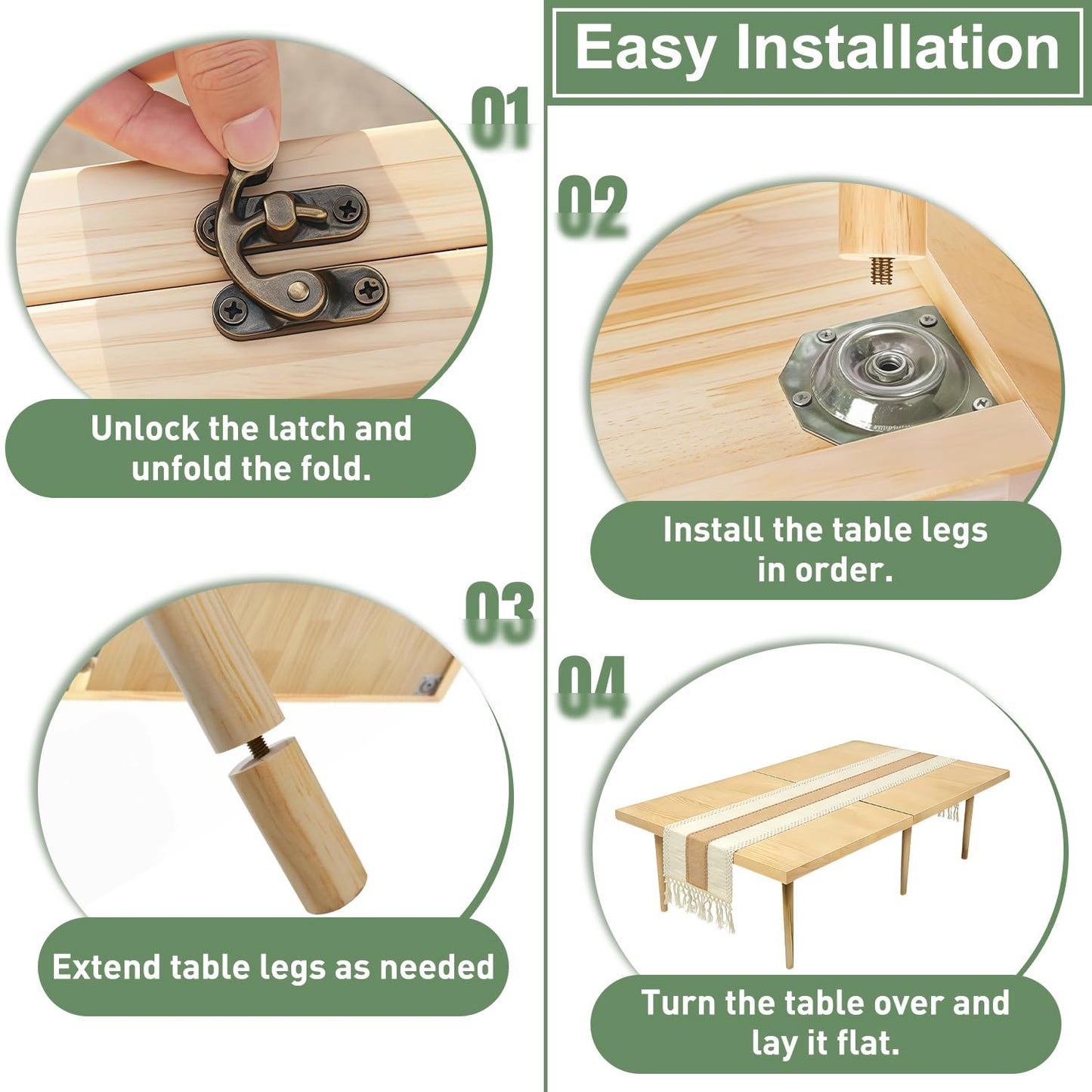 YIRCELOM Folding Picnic Table with Table Runner, 60" x 30" Large Wooden Japanese Floor Table, Portable Boho Low Picnic Table, Adjustable Heights Legs, for Indoor Outdoor Camping, for 6-8 People