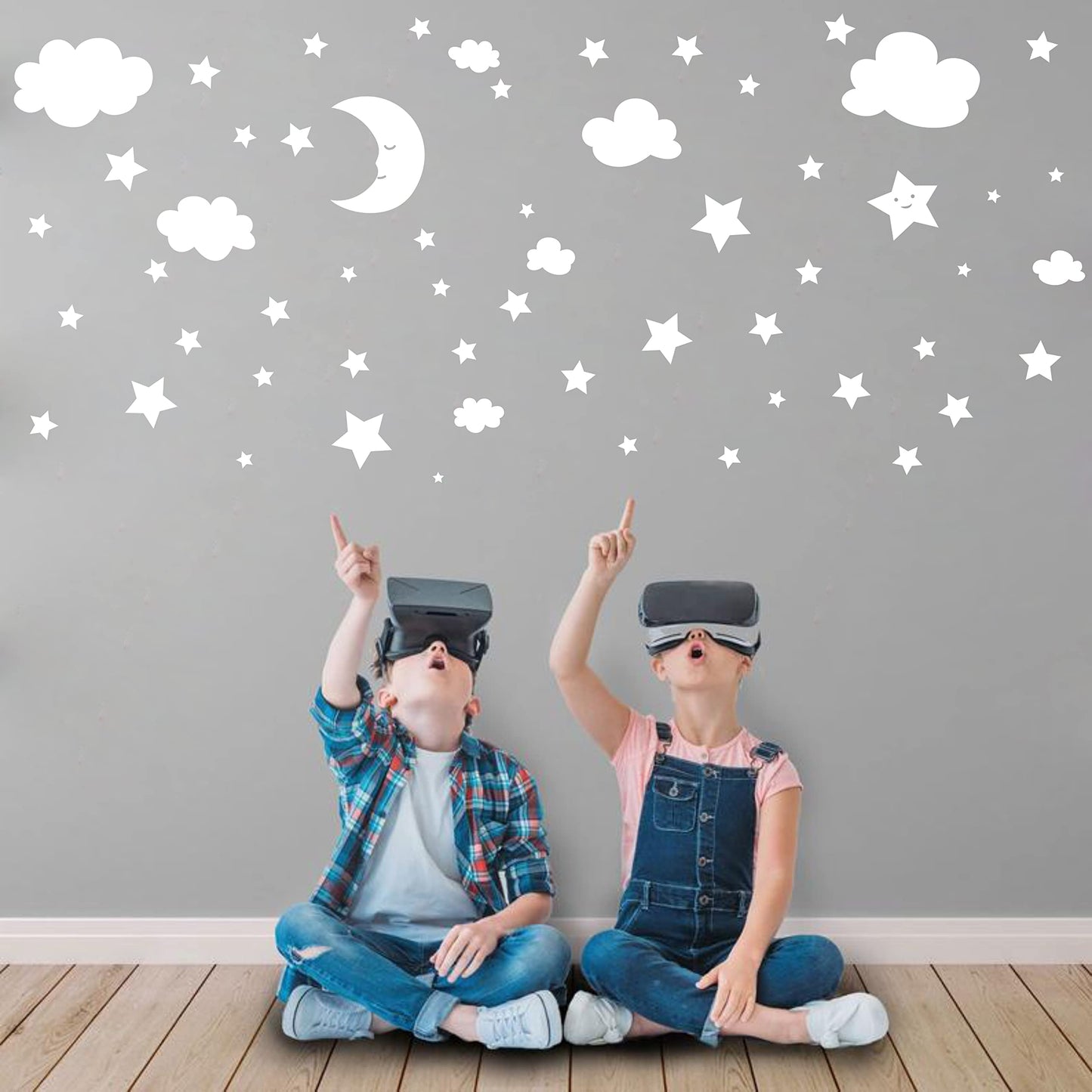 Crescent Moon Stars and Clouds Wall Decals Moon and Stars Nursery Wall Stickers Starry Sky Playroom Decor Kids Rooms Mural Kids Room Wall Art Y59 (White)