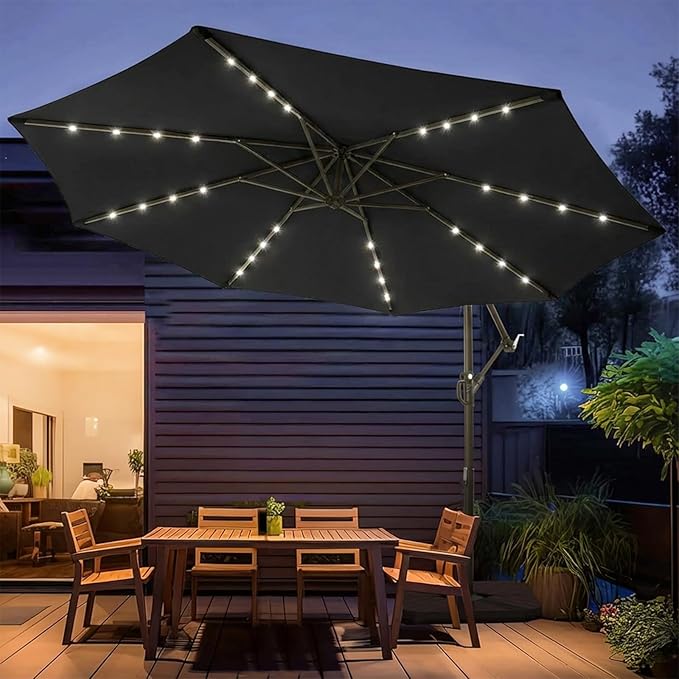 wikiwiki 10ft Solar LED Patio Umbrella with Base Included, Offset Umbrella with Weighted Sandbag Base, Cantilever Patio Umbrellas for Backyard, Garden & Deck, 32 LED Lights & Polyester Shade, Black